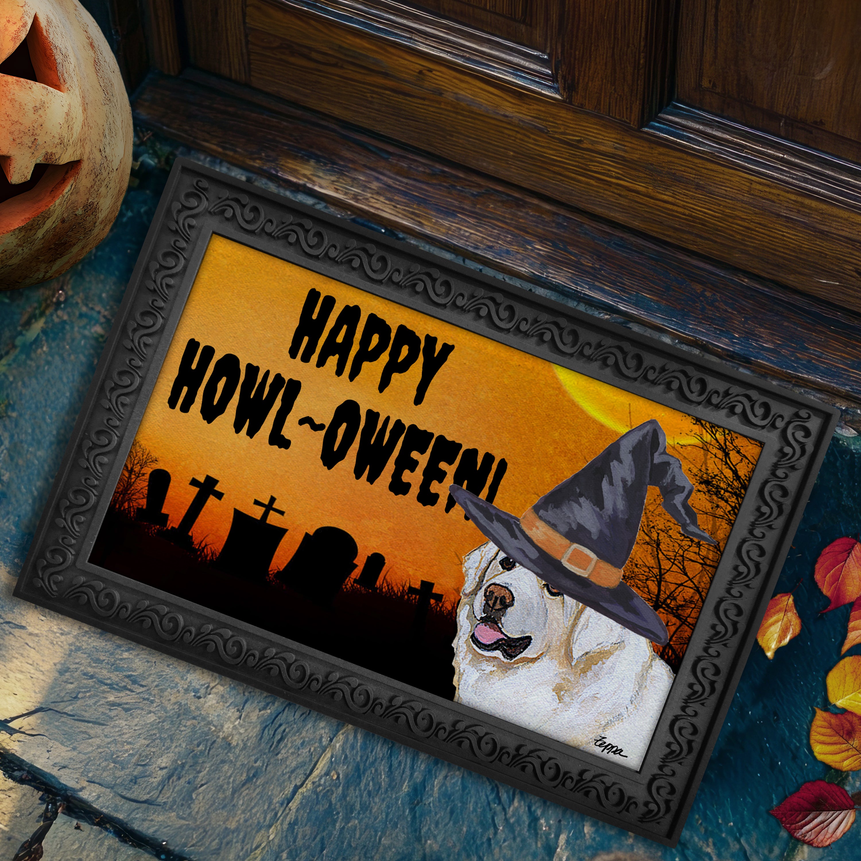 Halloween-themed doormat with a Kuvasc  wearing a witch hat and 'Happy Howl-Oween!' text, placed on a stone step.