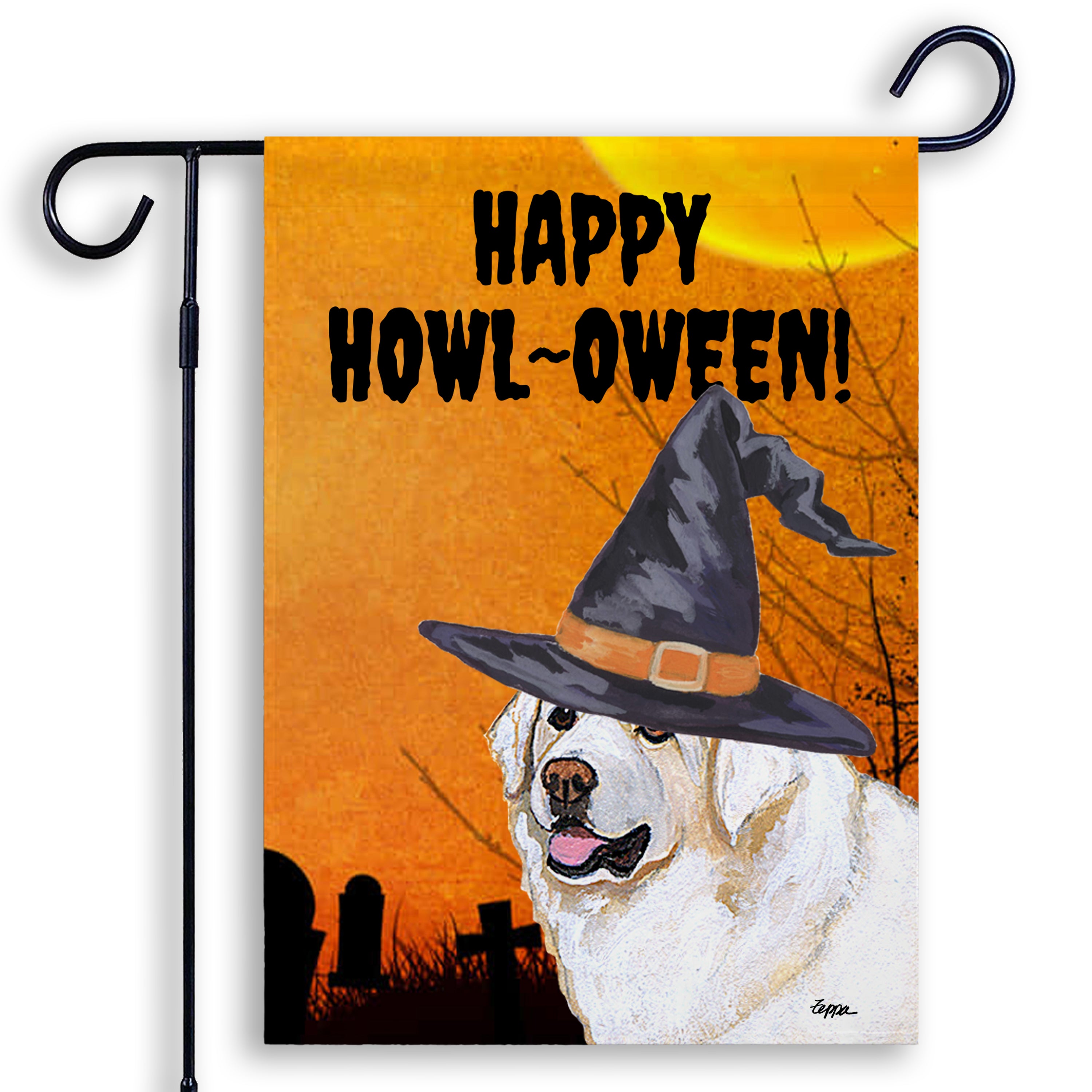 Halloween-themed garden flag with a Kuvasz wearing a witch hat and 'Happy Howl-Oween!' text on an orange background.