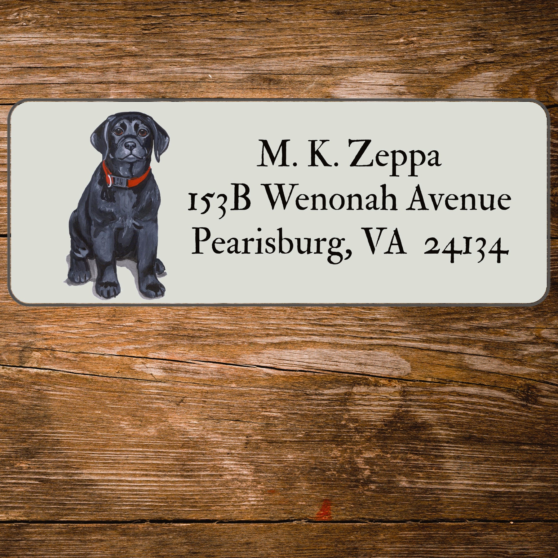 Return address label with a Black Labrador Retriever illustration.