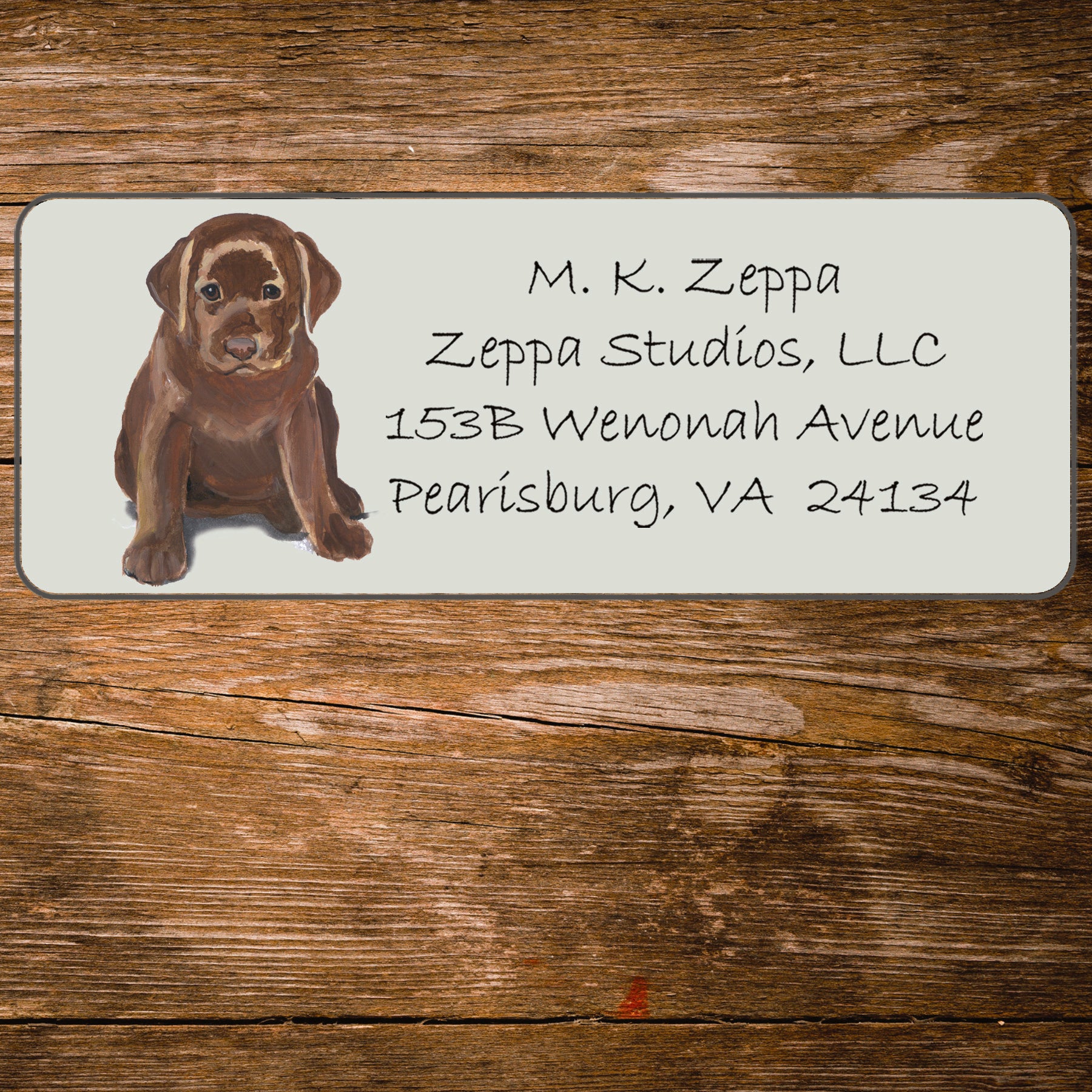 Return address label with a Chocolate Labrador Retriever illustration.