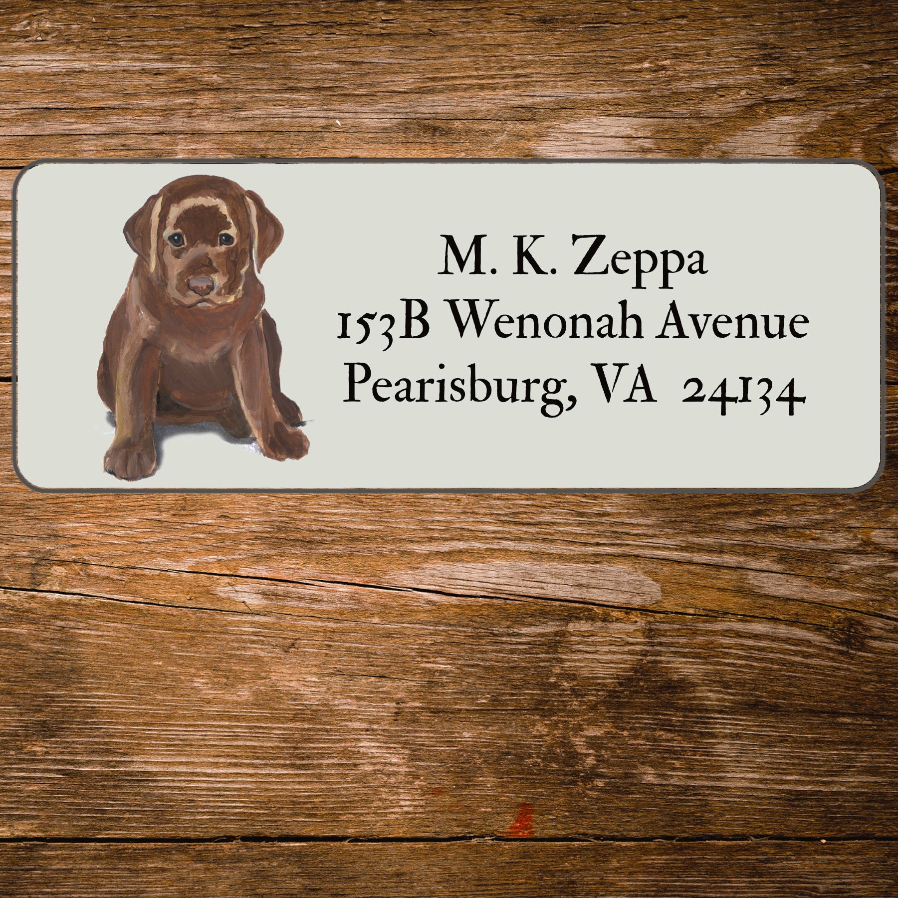 Return address label with a Chocolate Labrador Retriever illustration.