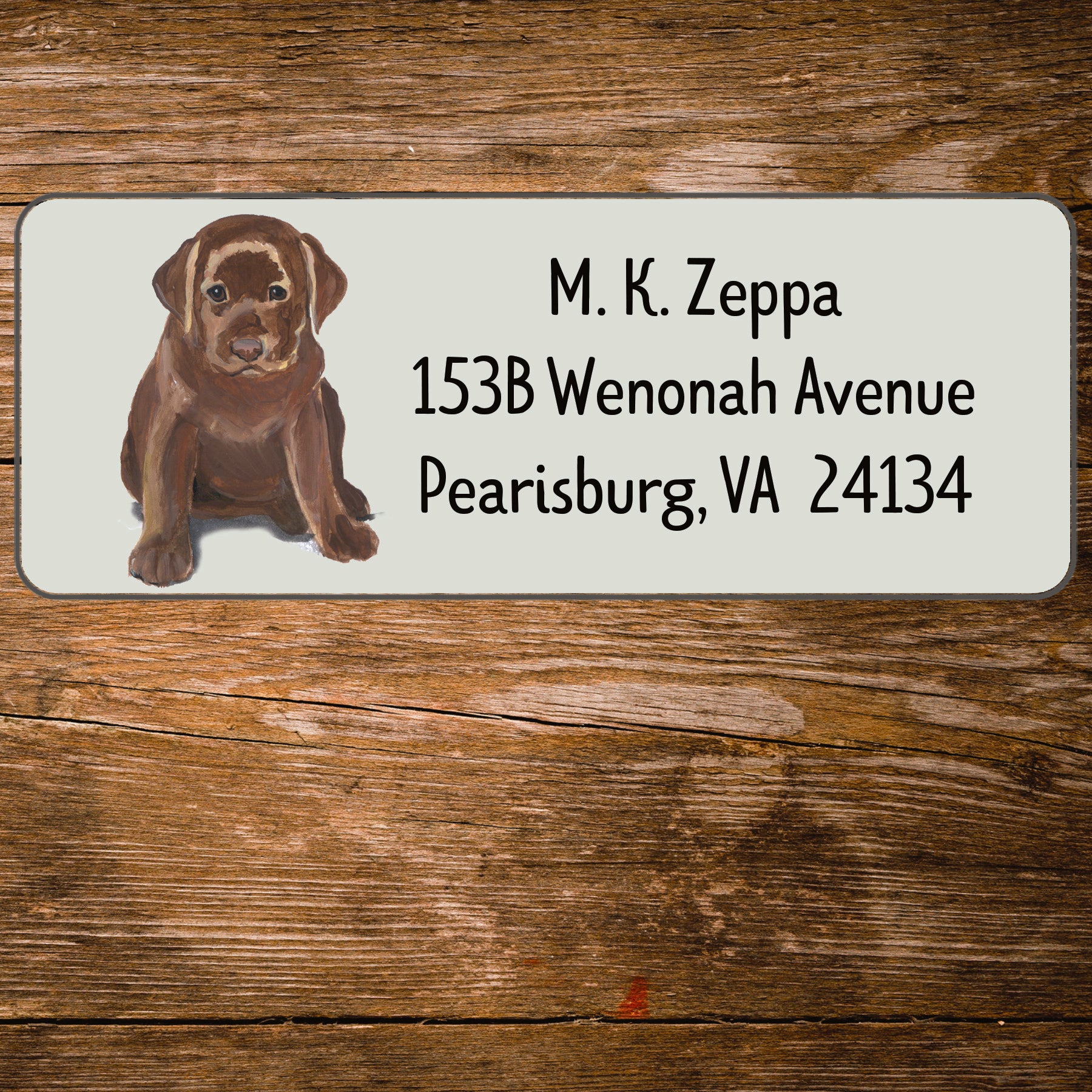 Return address label with a Chocolate Labrador Retriever illustration.