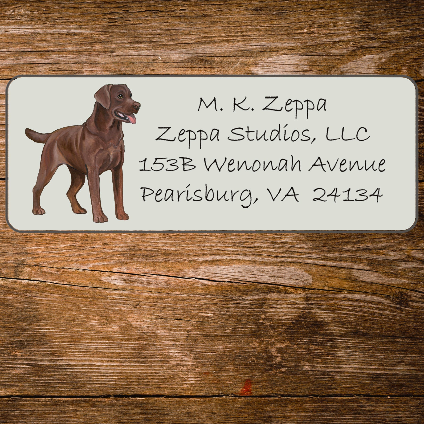 Return address label with a Chocolate Labrador Retriever illustration.