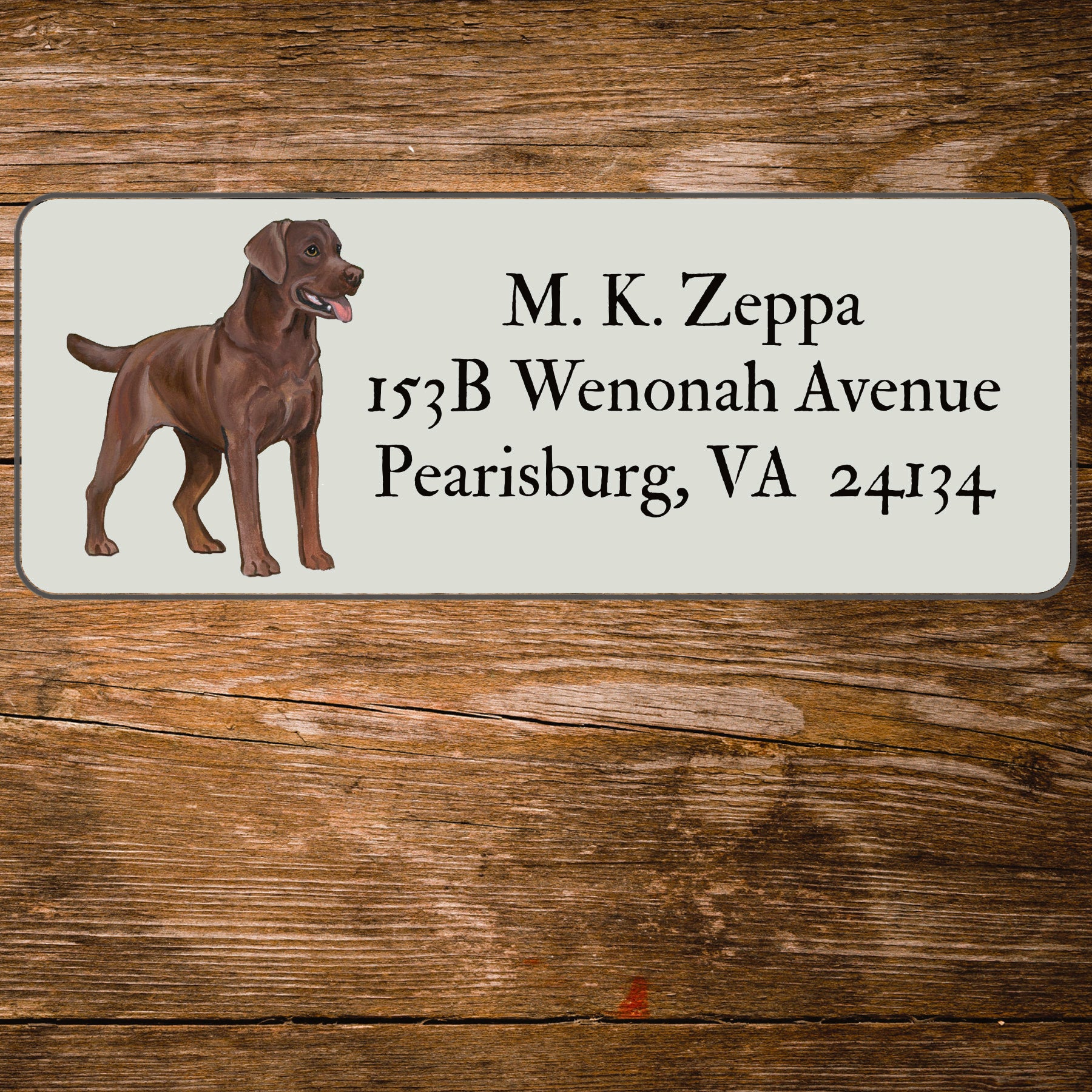 Return address label with a Chocolate Labrador Retriever illustration.