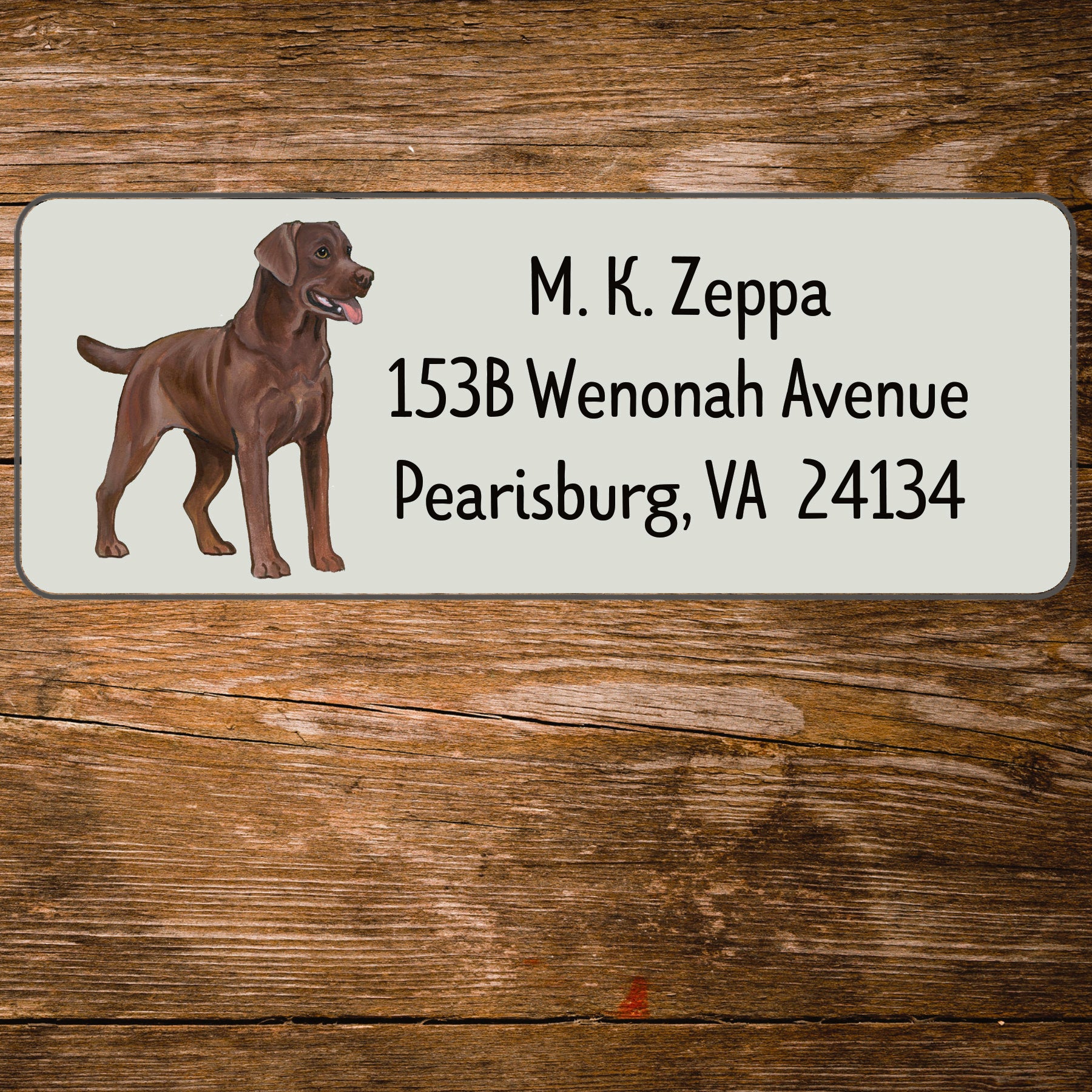 Return address label with a Chocolate Labrador Retriever illustration.