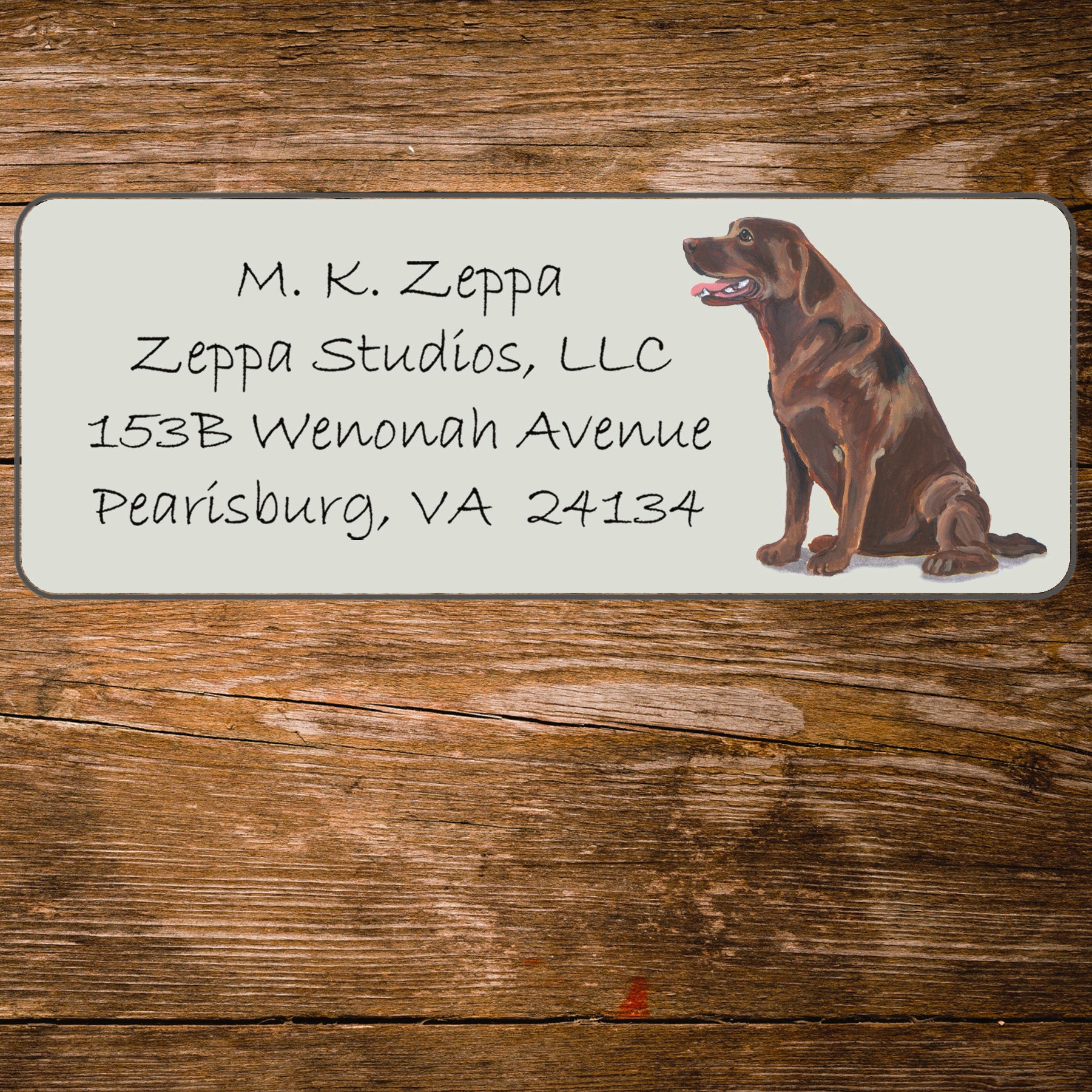 Return address label with a Chocolate Labrador Retriever illustration.