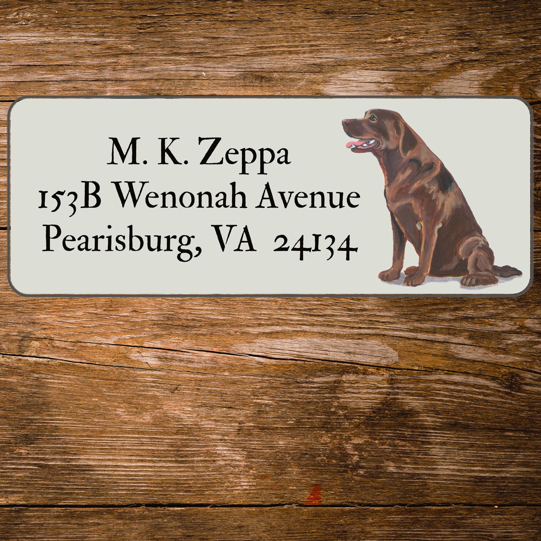 Return address label with a Chocolate Labrador Retriever illustration.