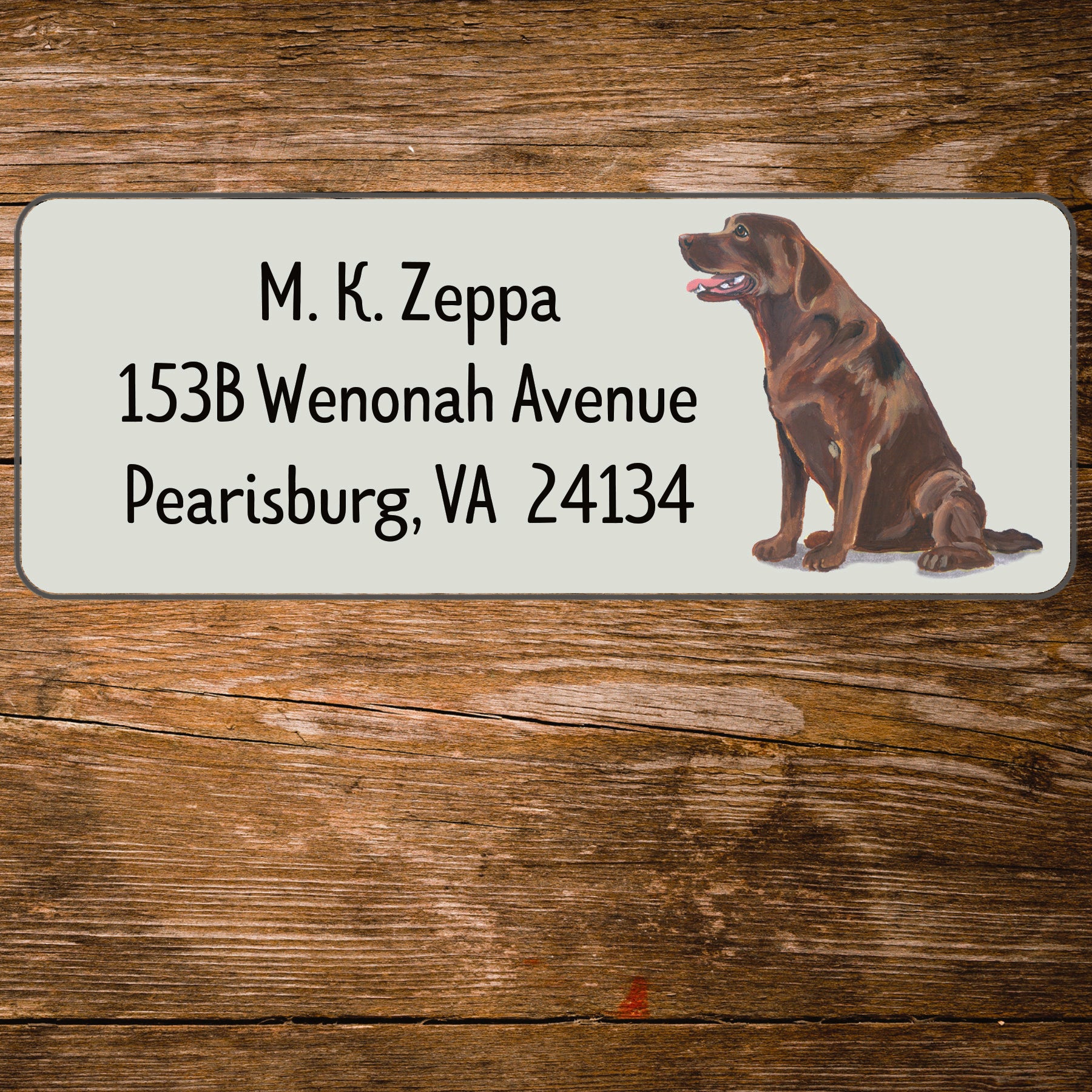 Return address label with a Chocolate Labrador Retriever illustration.