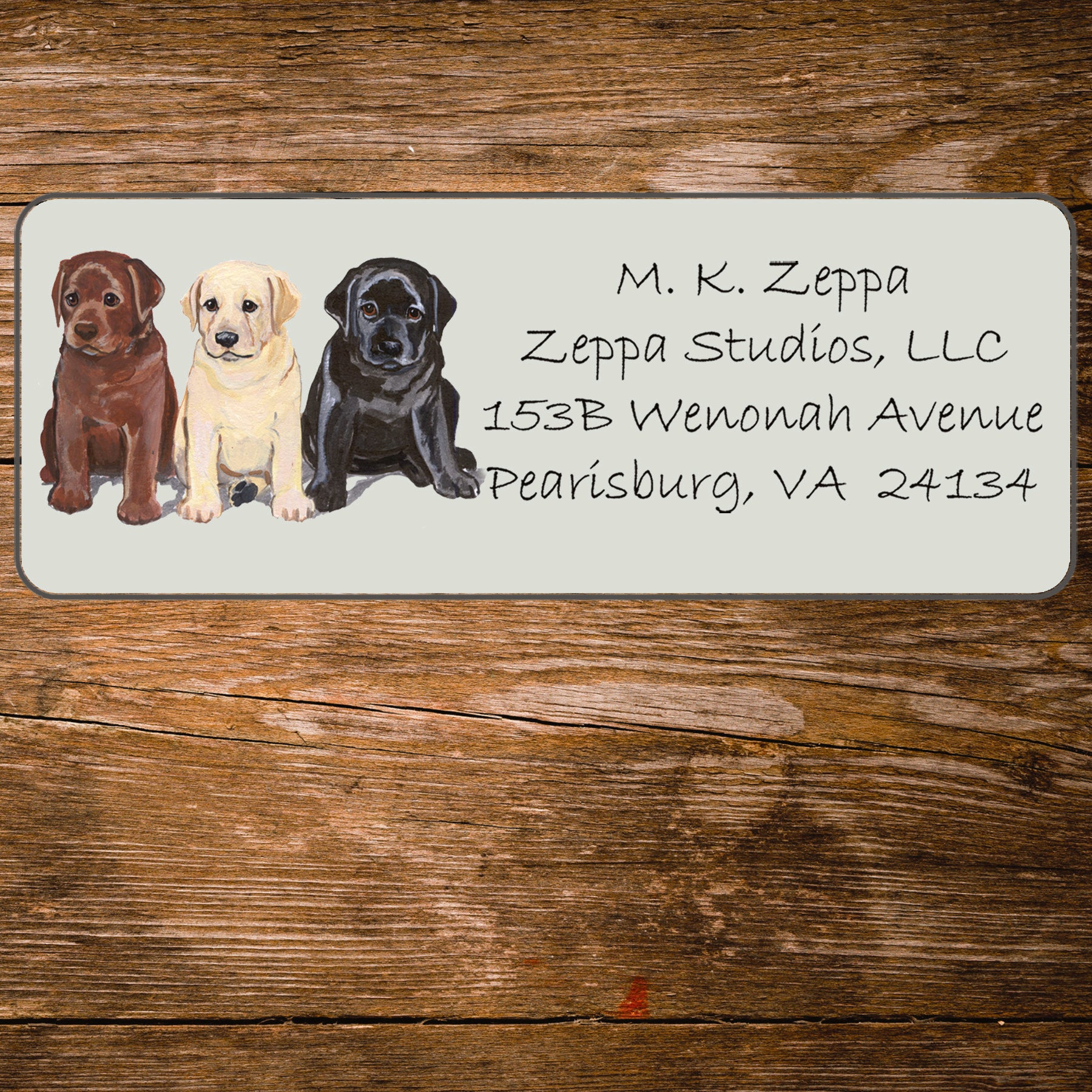 Return address label with an illustration of 3 Labrador Retriever Puppies.