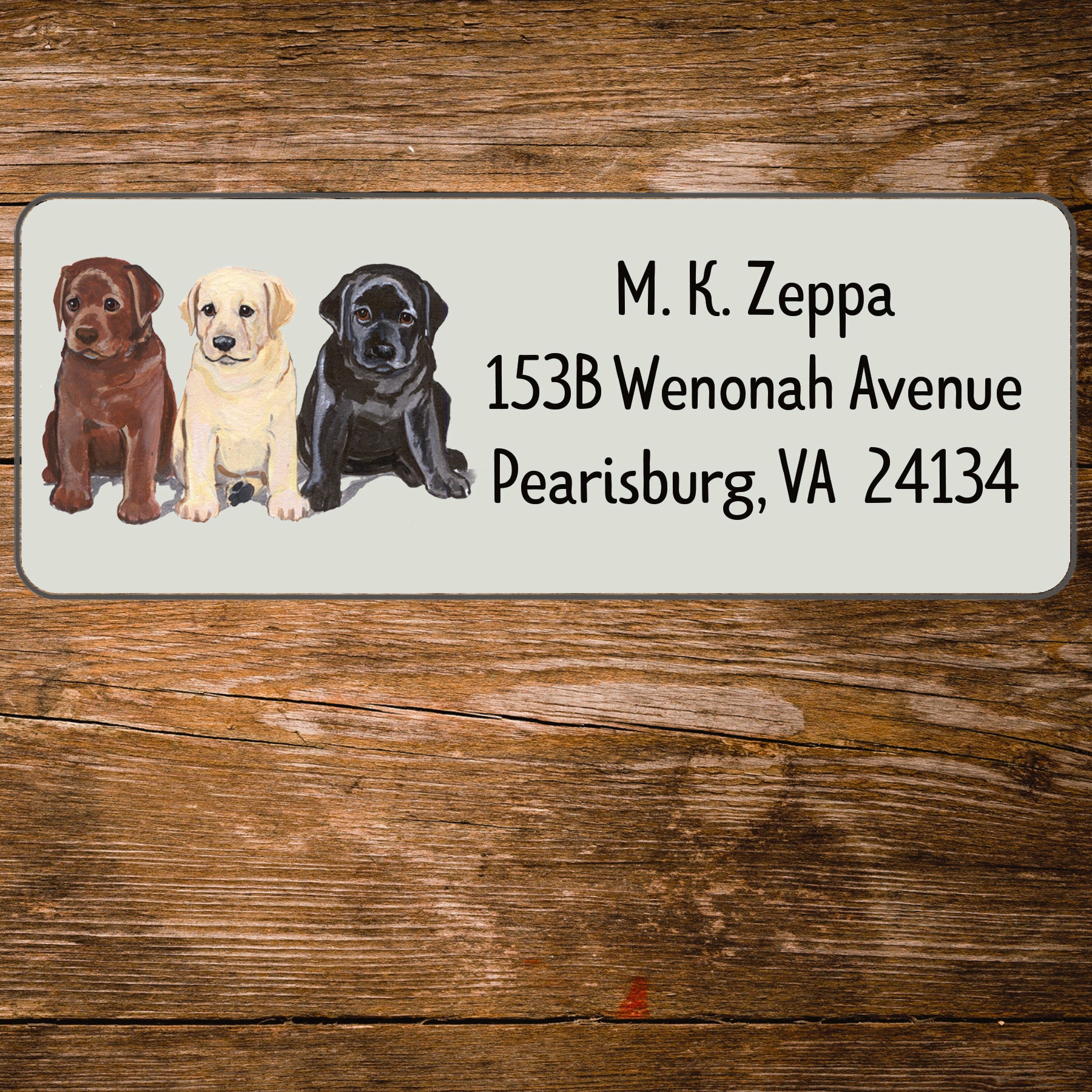 Return address label with an illustration of 3 Labrador Retriever Puppies.