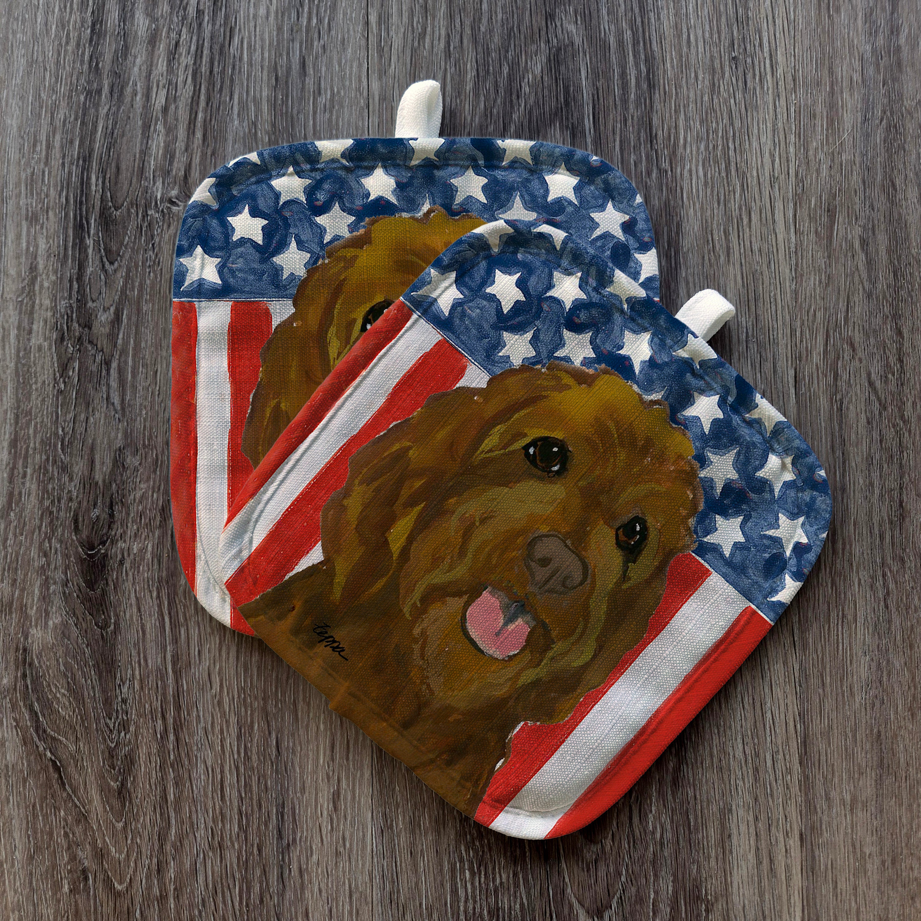 Brown Labradoodle Americana Pot Holder Set
