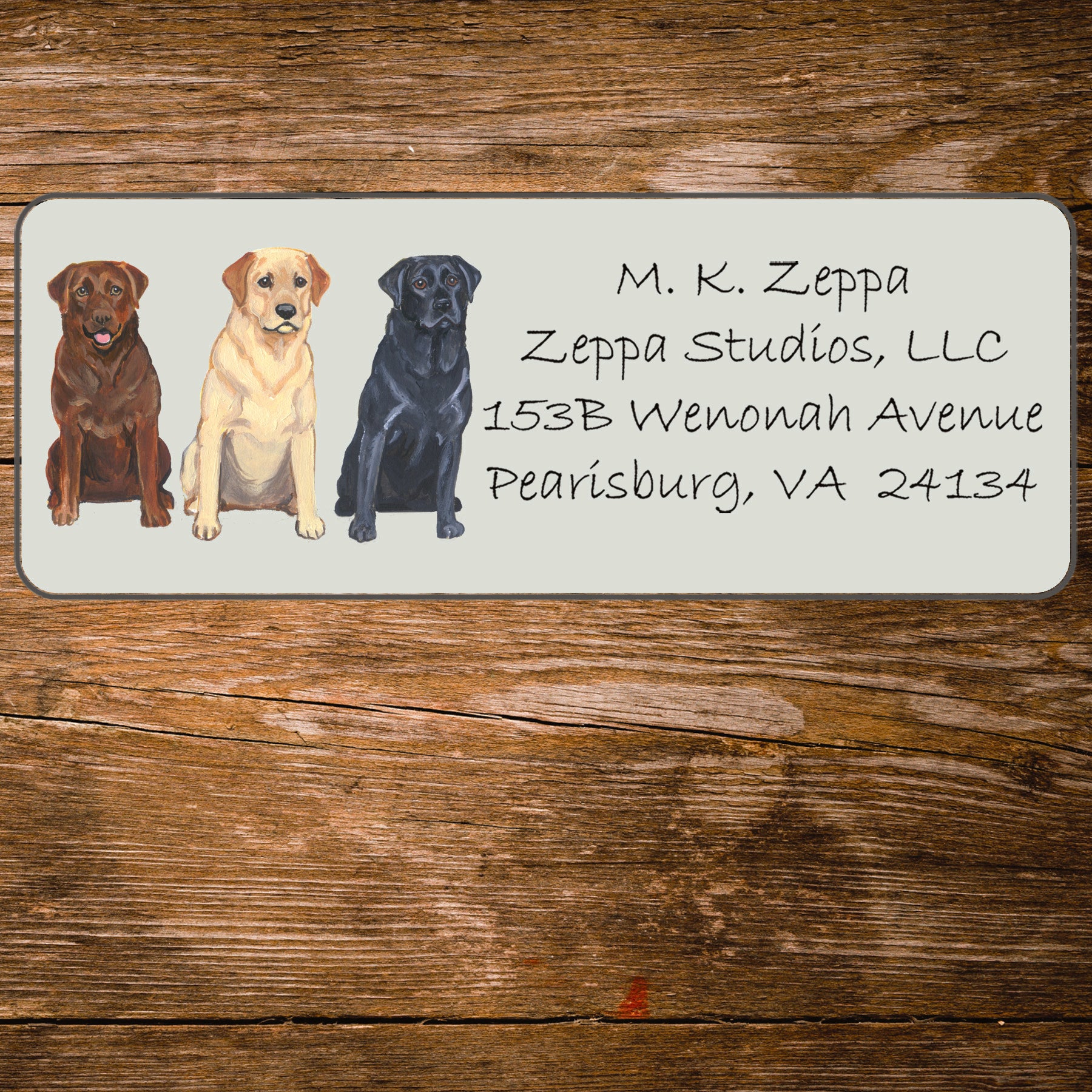 Return address label with an illustration of 3 Labrador Retrievers.