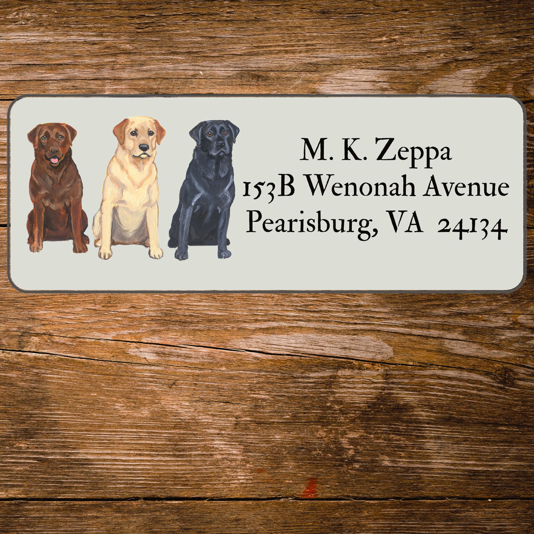 Return address label with an illustration of 3 Labrador Retrievers.