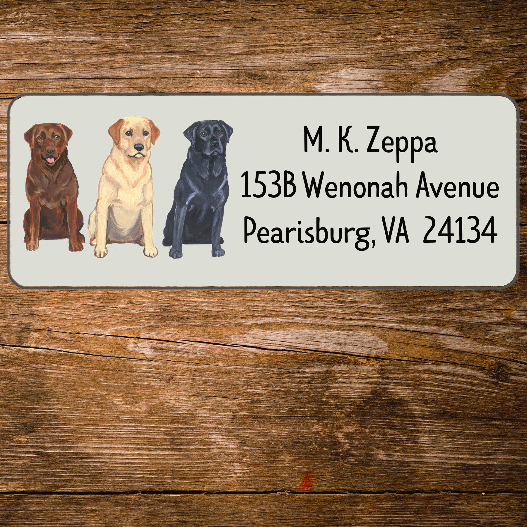 Return address label with an illustration of 3 Labrador Retrievers.