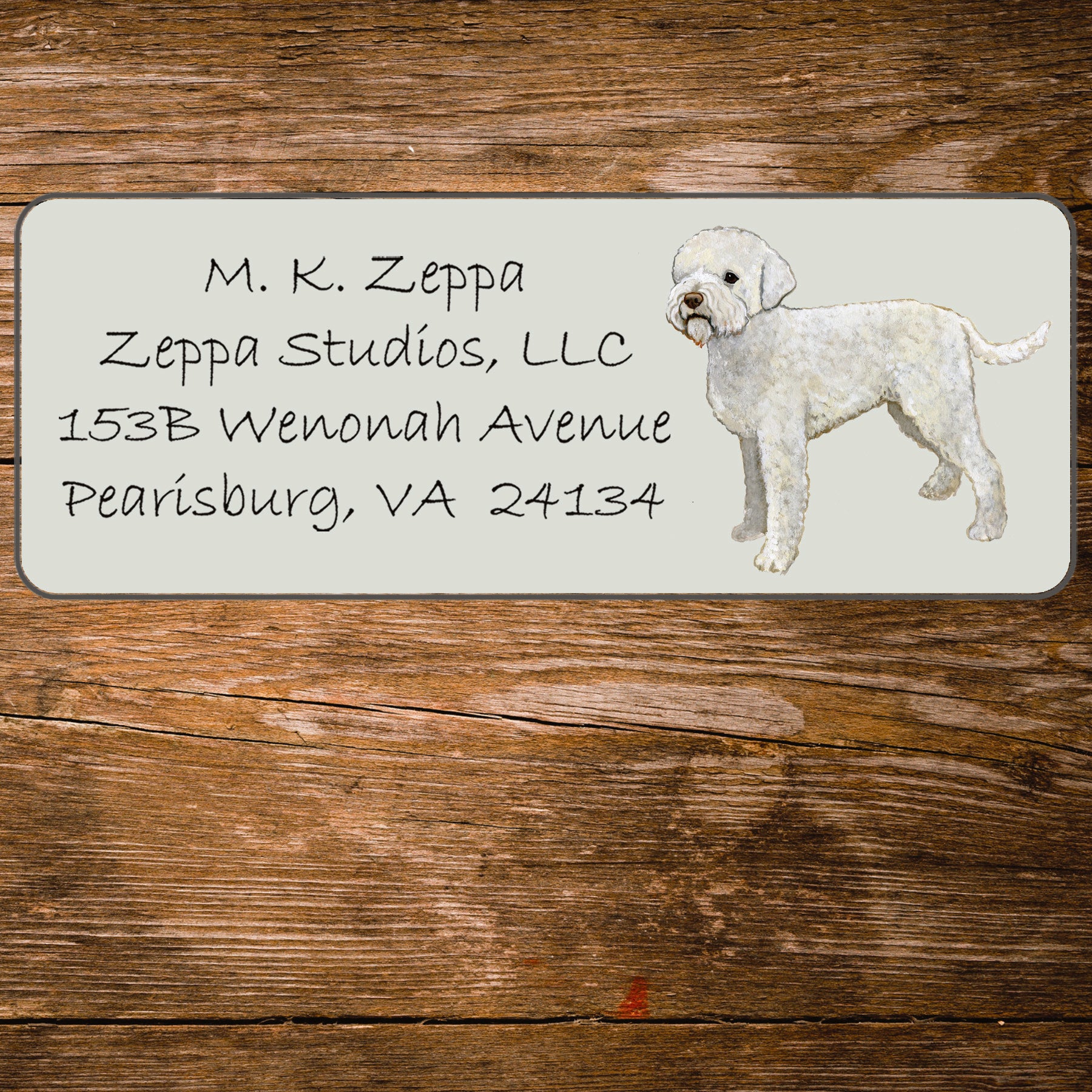 Return address label with an illustration of a Lagotto Romagnolo.