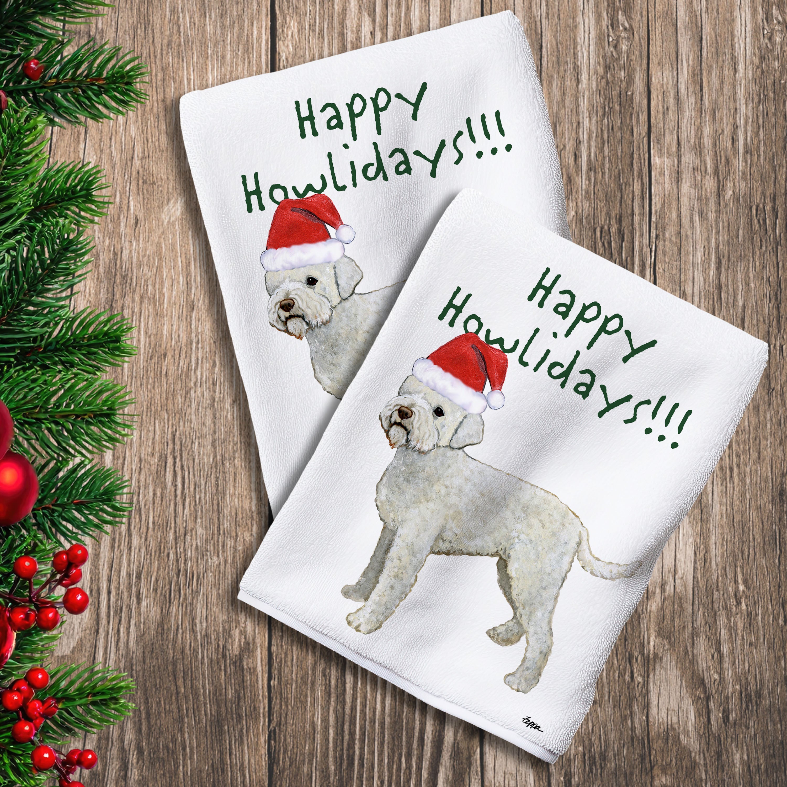 2 Kitchen Towels with a Lagotto Romagnolo in a Santa Hat and Happy Howlidays text.