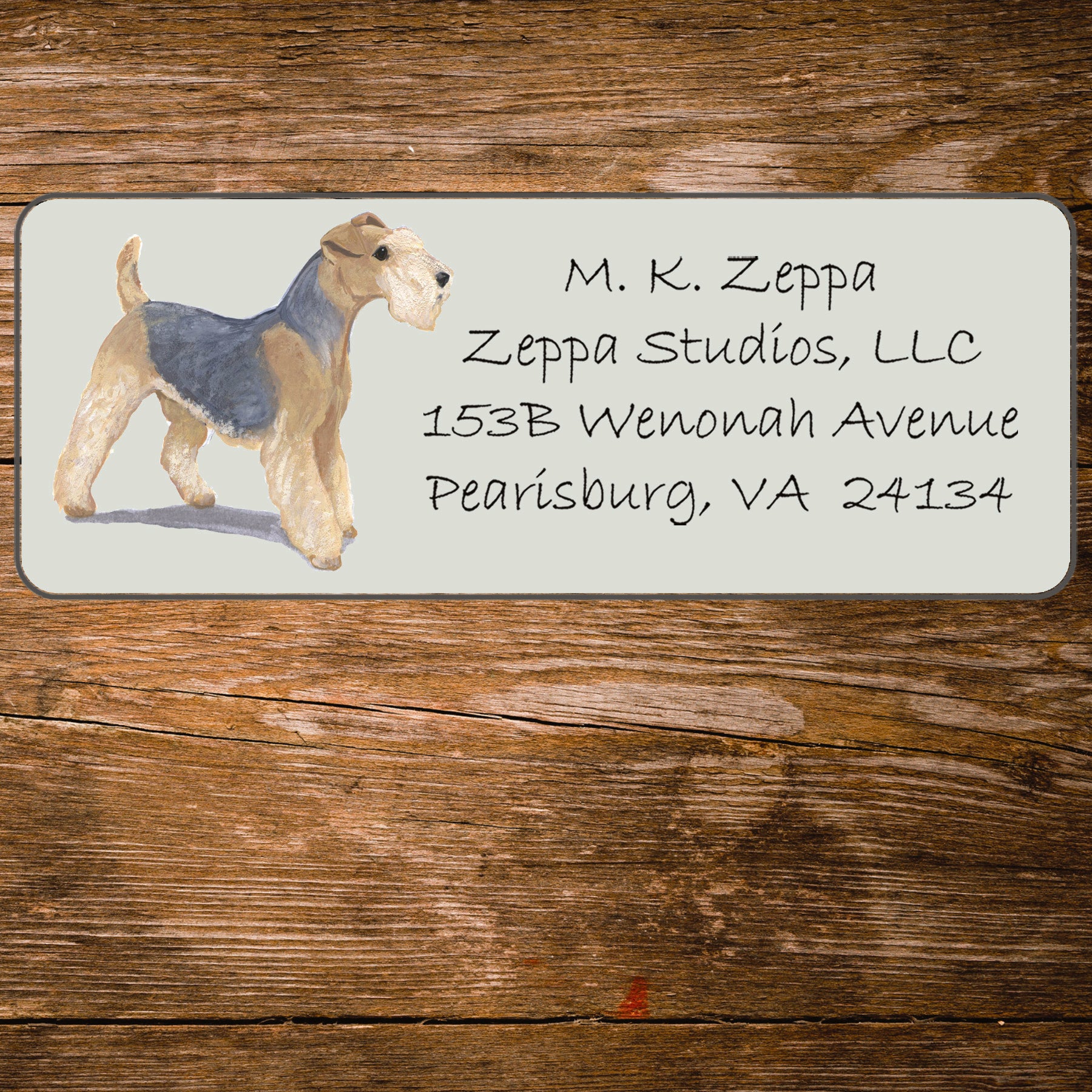 Return address label with a Lakeland Terrier illustration.