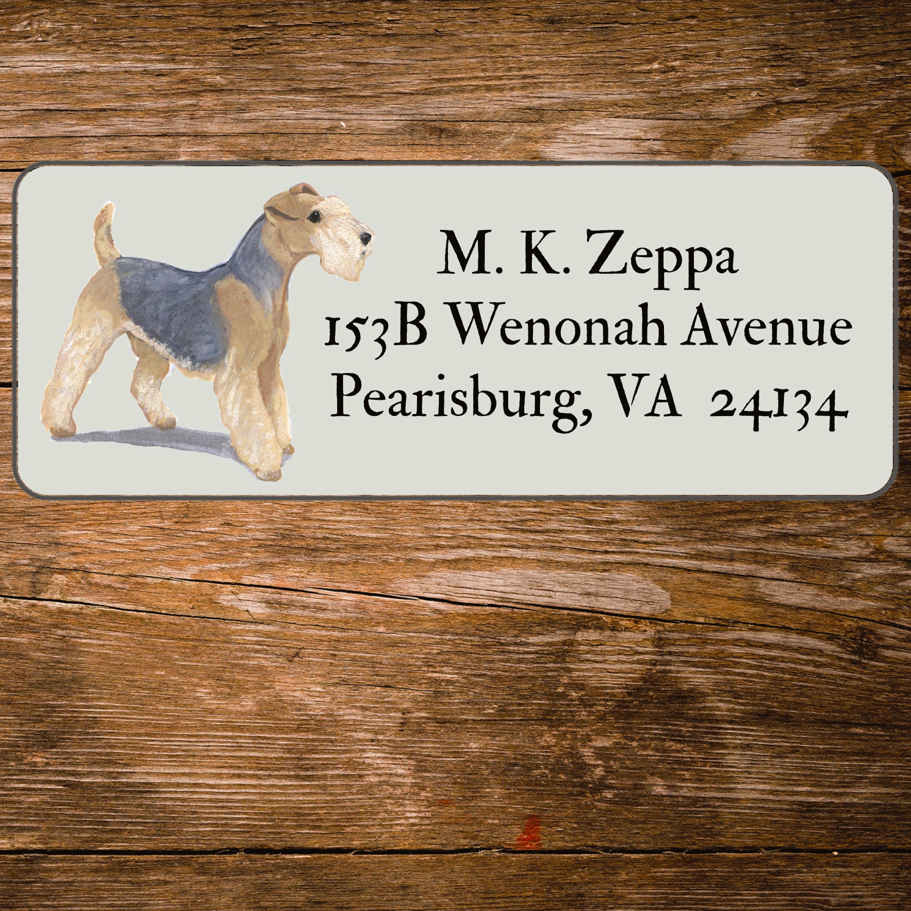 Return address label with a Lakeland Terrier illustration.