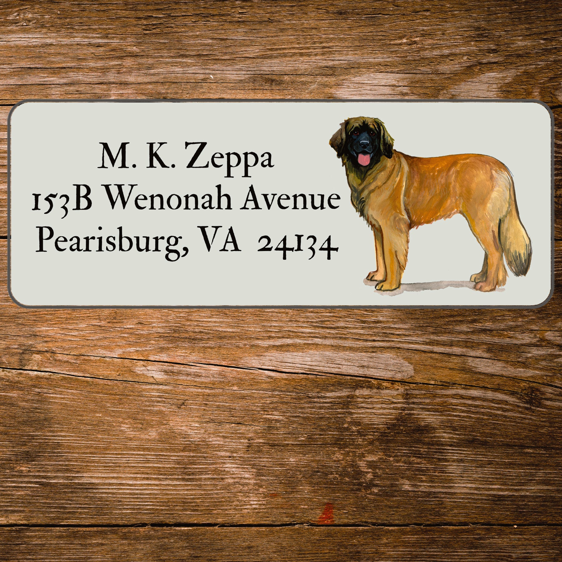 Return address label with a Leonberger illustration.