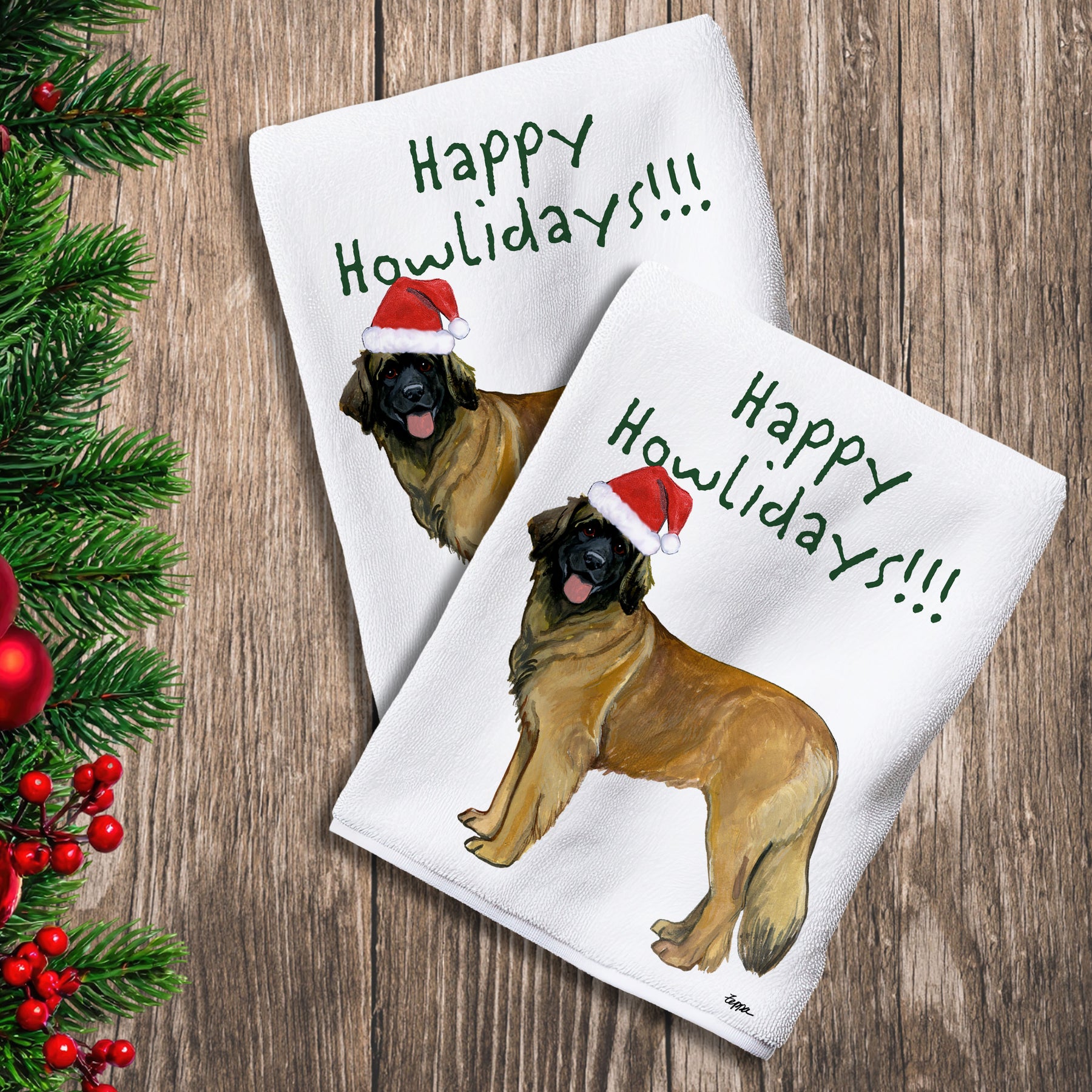 2 Kitchen Towels with a Leonberger in a Santa Hat and Happy Howlidays text.
