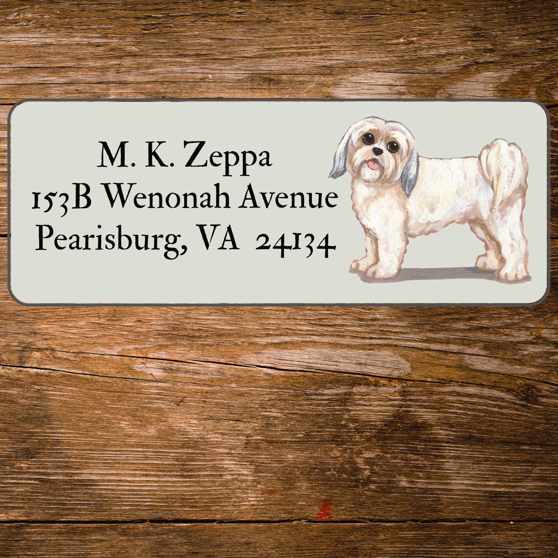 Return address label with a Lhasa Apso illustration.