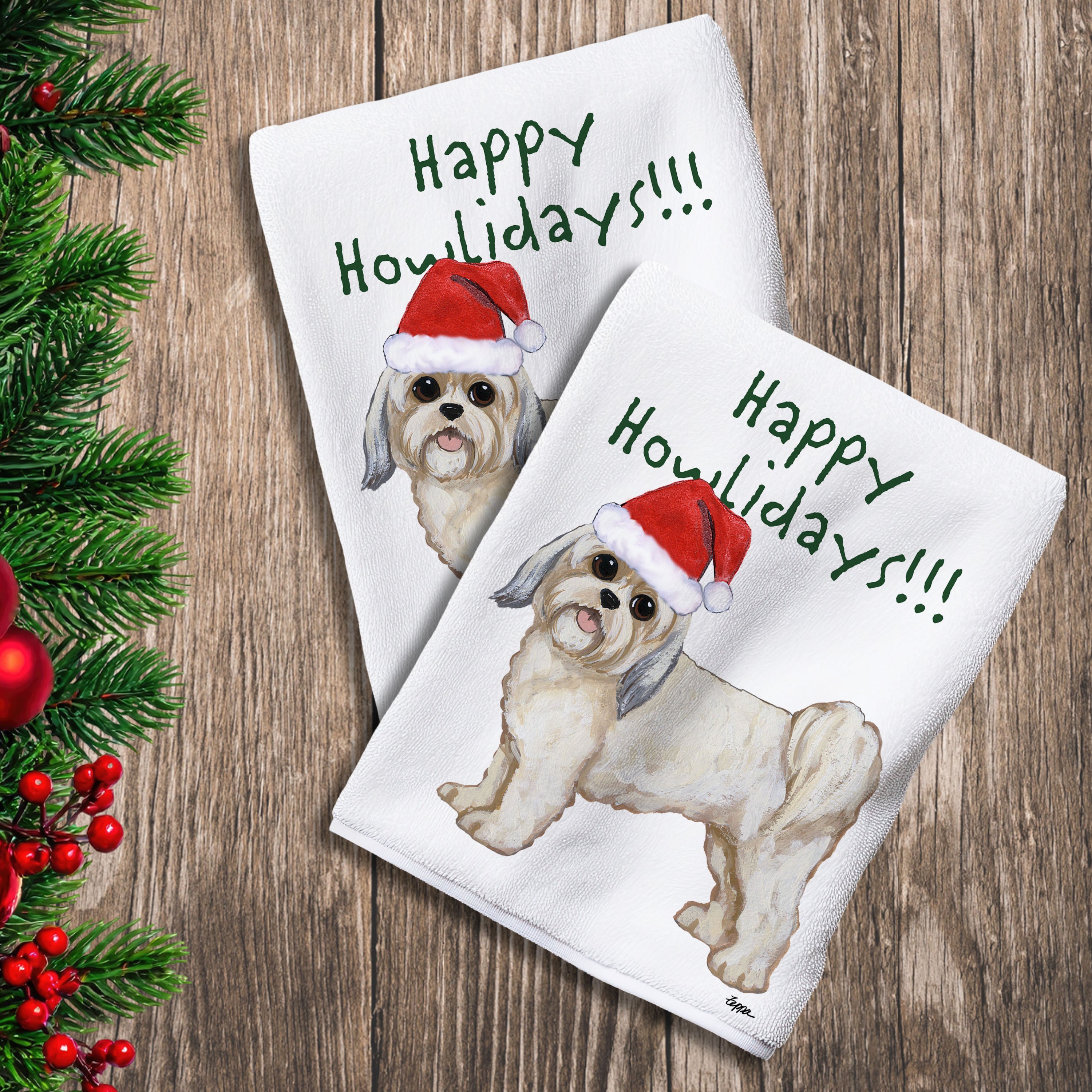 2 Kitchen Towels with a Lhasa Apso with a puppy clip in a Santa Hat and Happy Howlidays text.
