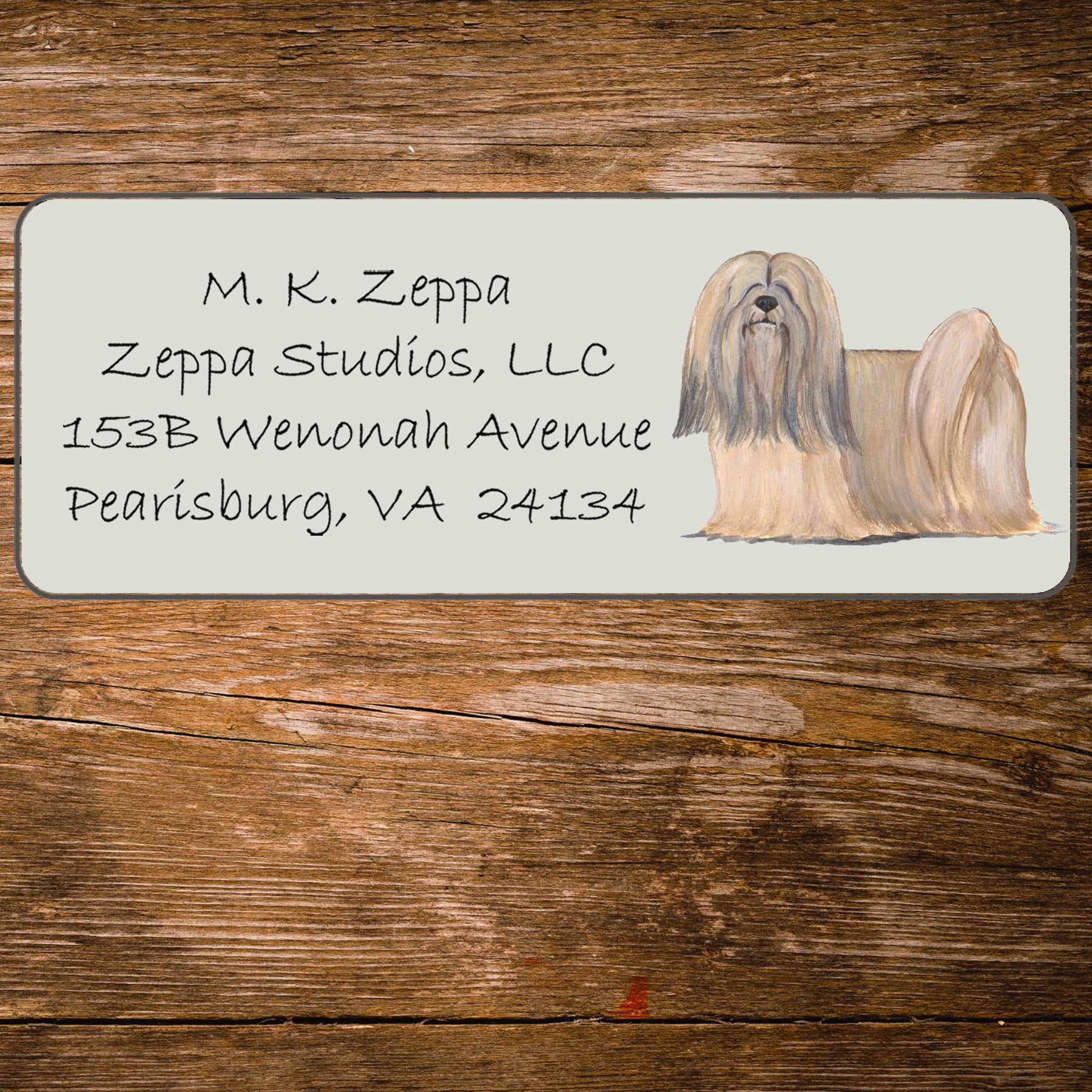 Return address label with a Lhasa Apso illustration.