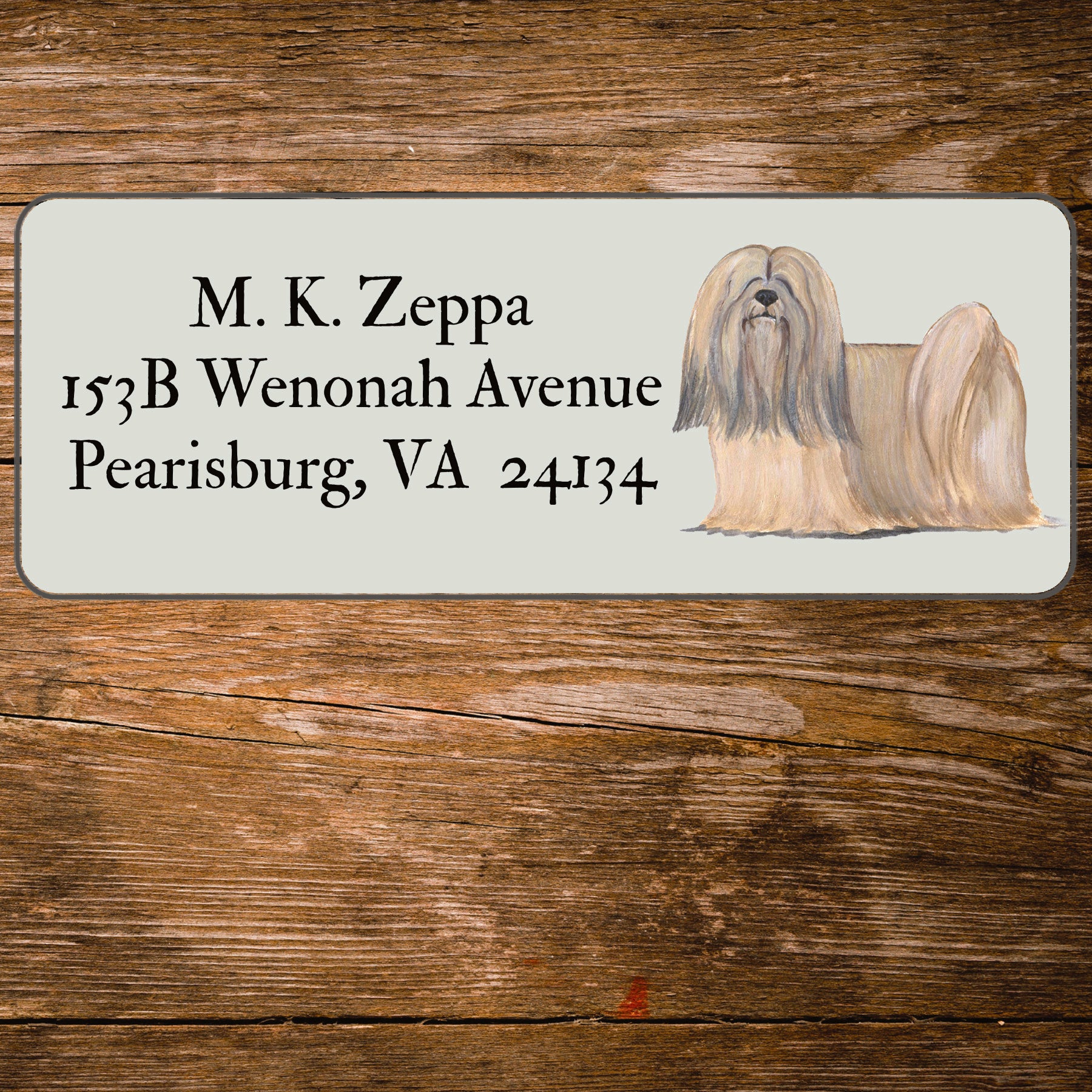 Return address label with a Lhasa Apso illustration.