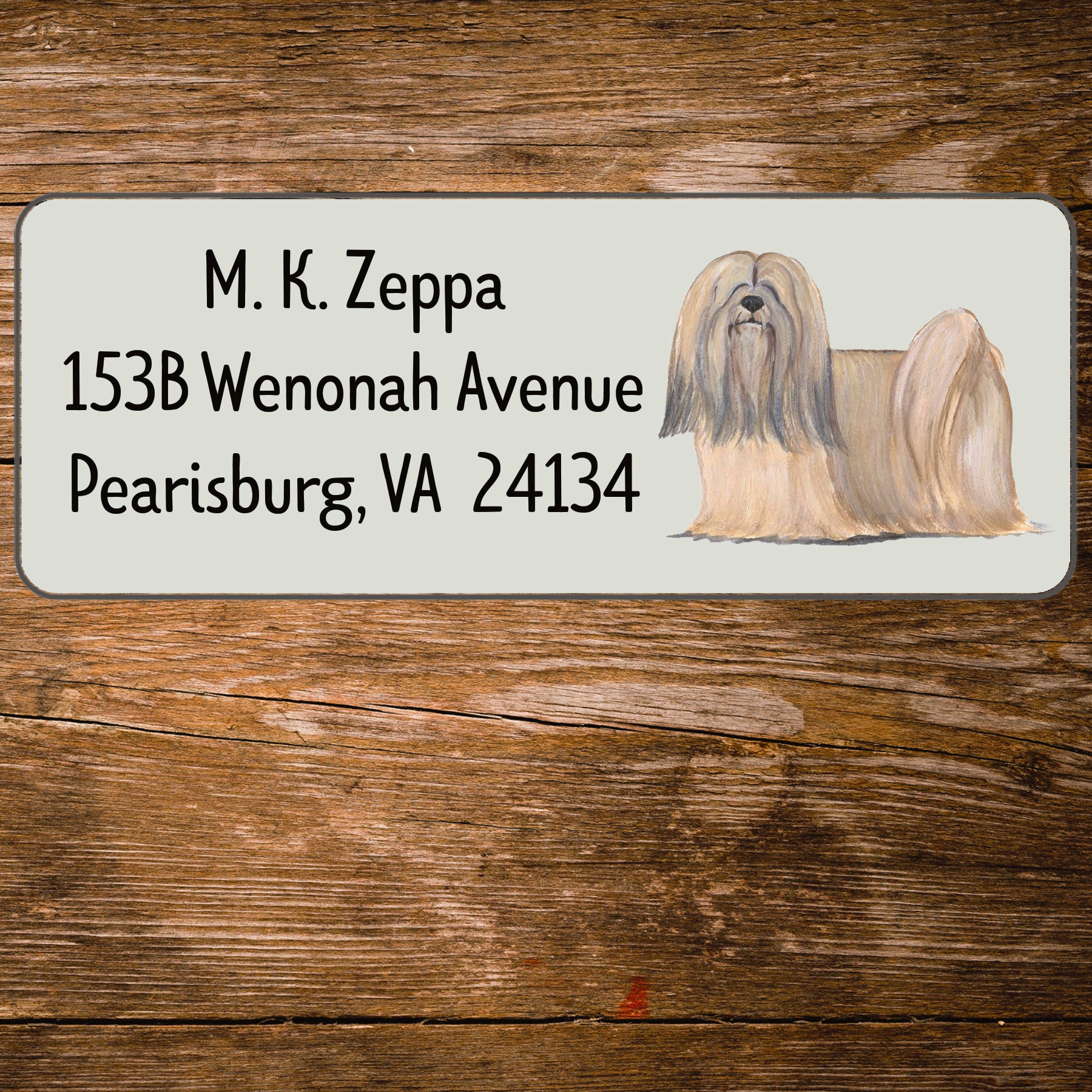 Return address label with a Lhasa Apso illustration.