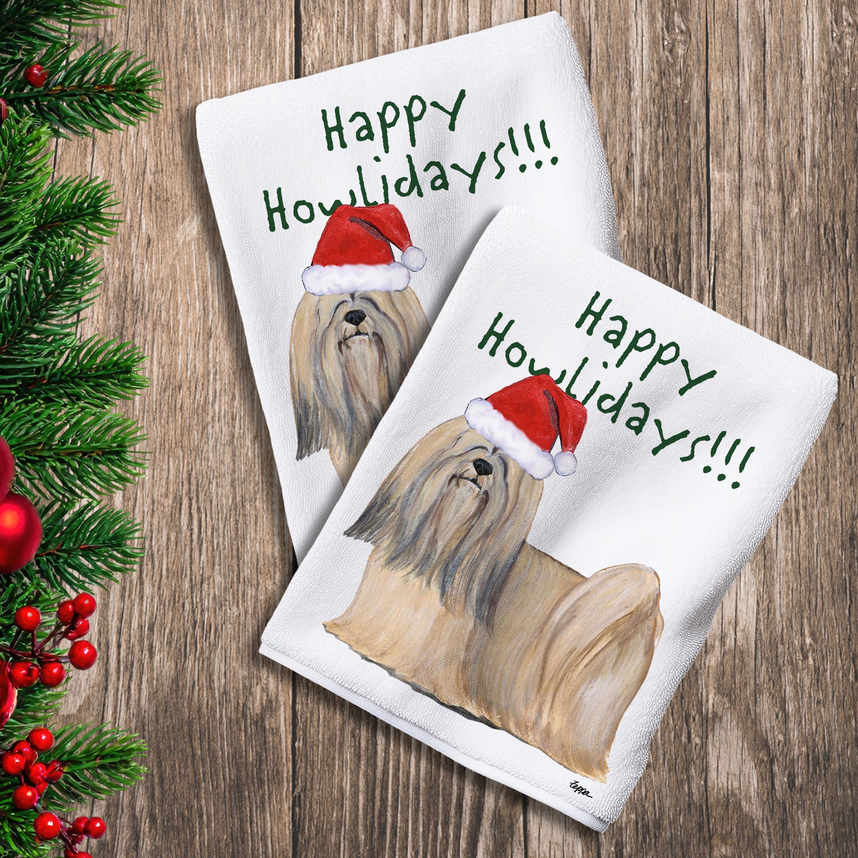 2 Kitchen Towels with a Lhasa Apso in a Santa Hat and Happy Howlidays text.
