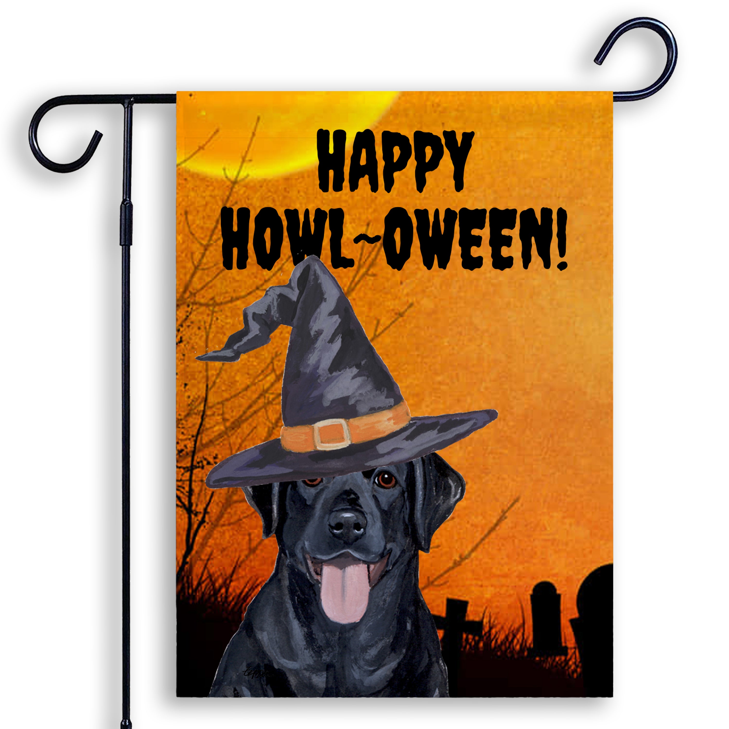 Halloween-themed garden flag with a Black Labrador wearing a witch hat and 'Happy Howl-Oween!' text on an orange background.