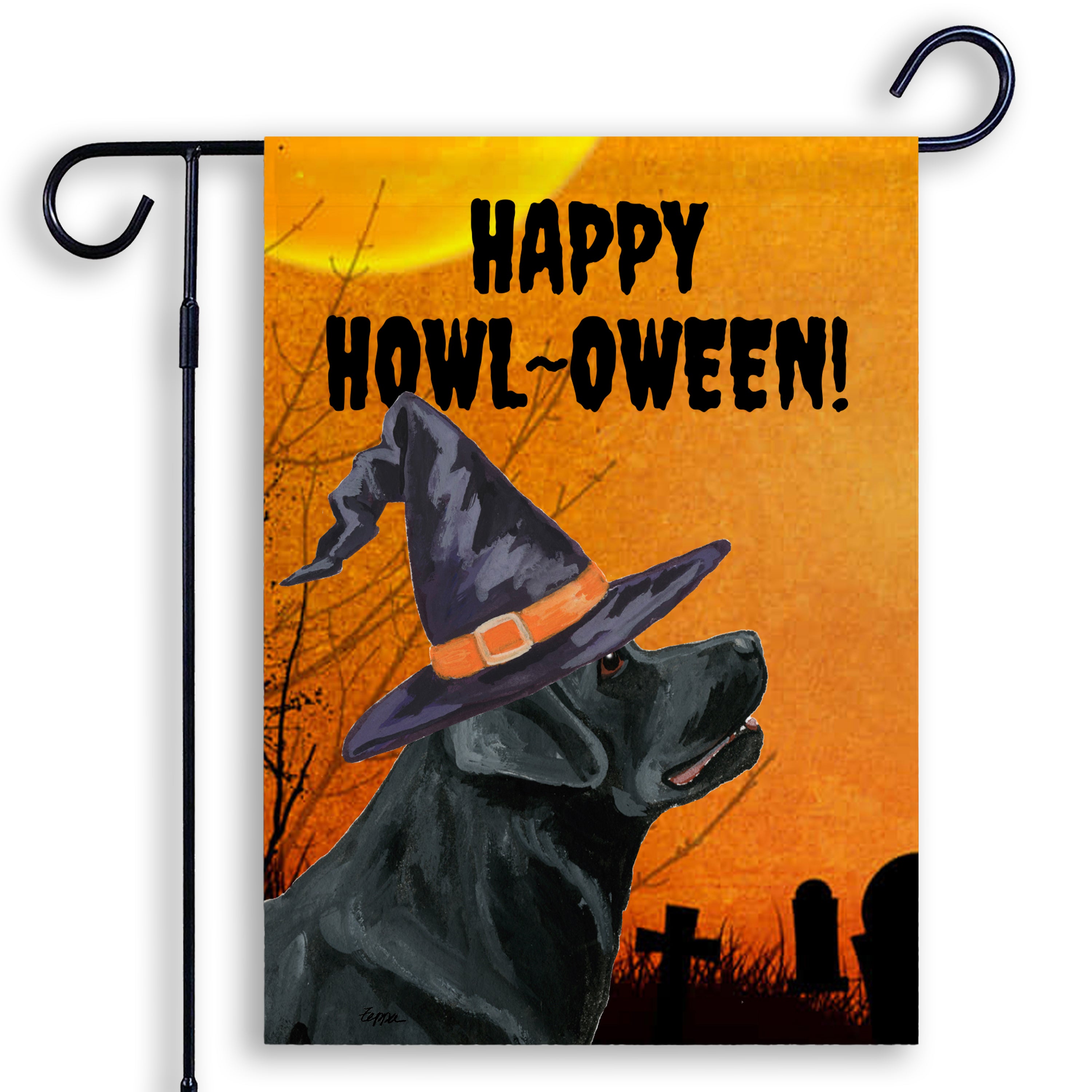 Halloween-themed garden flag with a Black Labrador wearing a witch hat and 'Happy Howl-Oween!' text on an orange background.