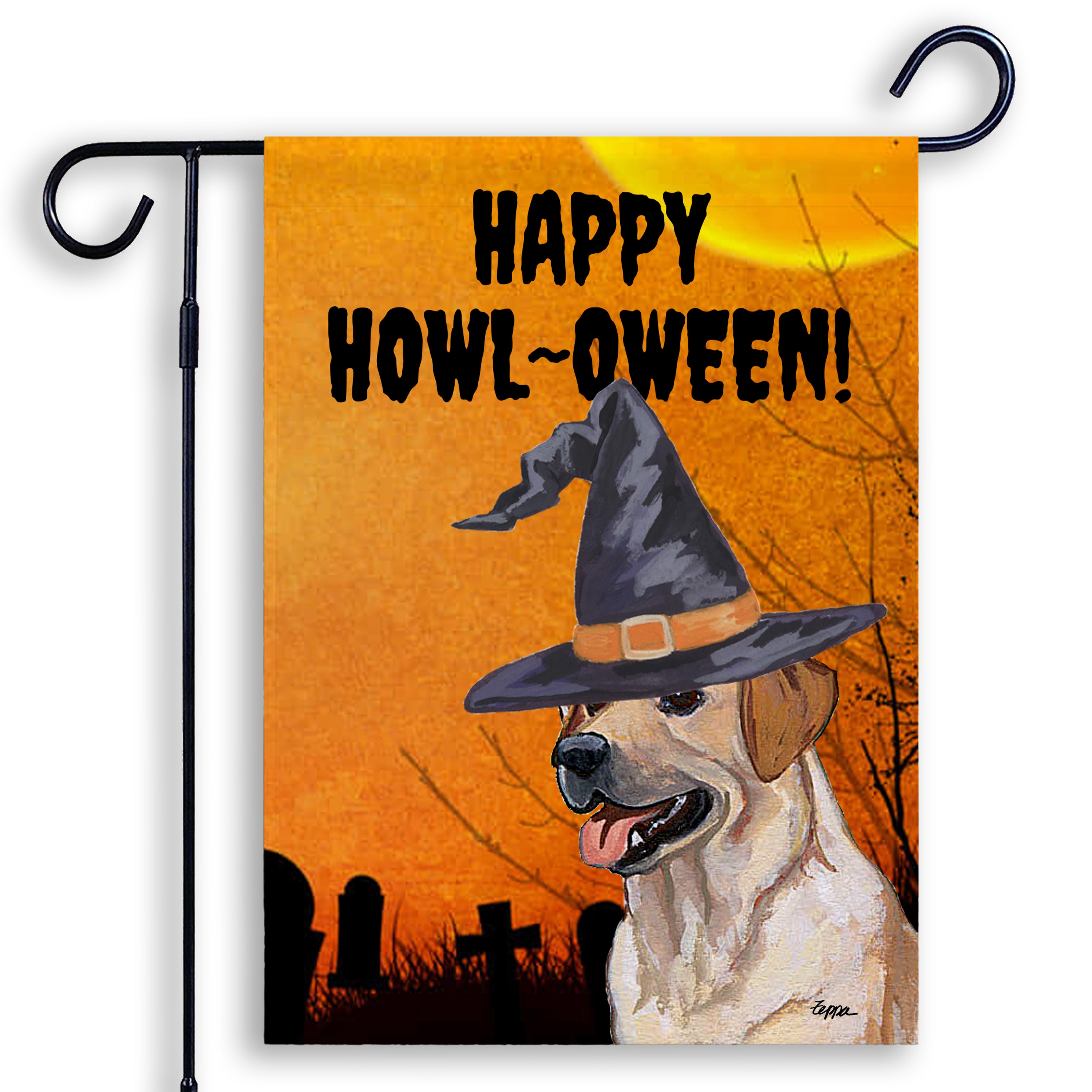 Halloween-themed garden flag with a Yellow Labrador wearing a witch hat and 'Happy Howl-Oween!' text on an orange background.