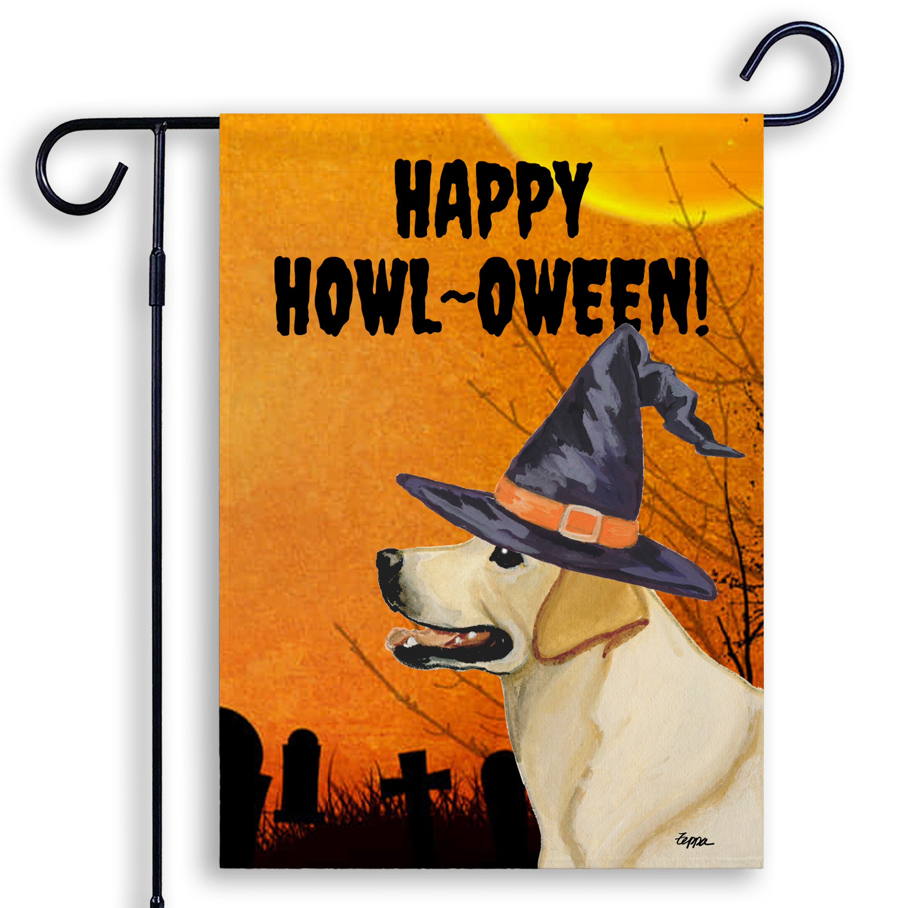 Halloween-themed garden flag with a Yellow Labrador wearing a witch hat and 'Happy Howl-Oween!' text on an orange background.
