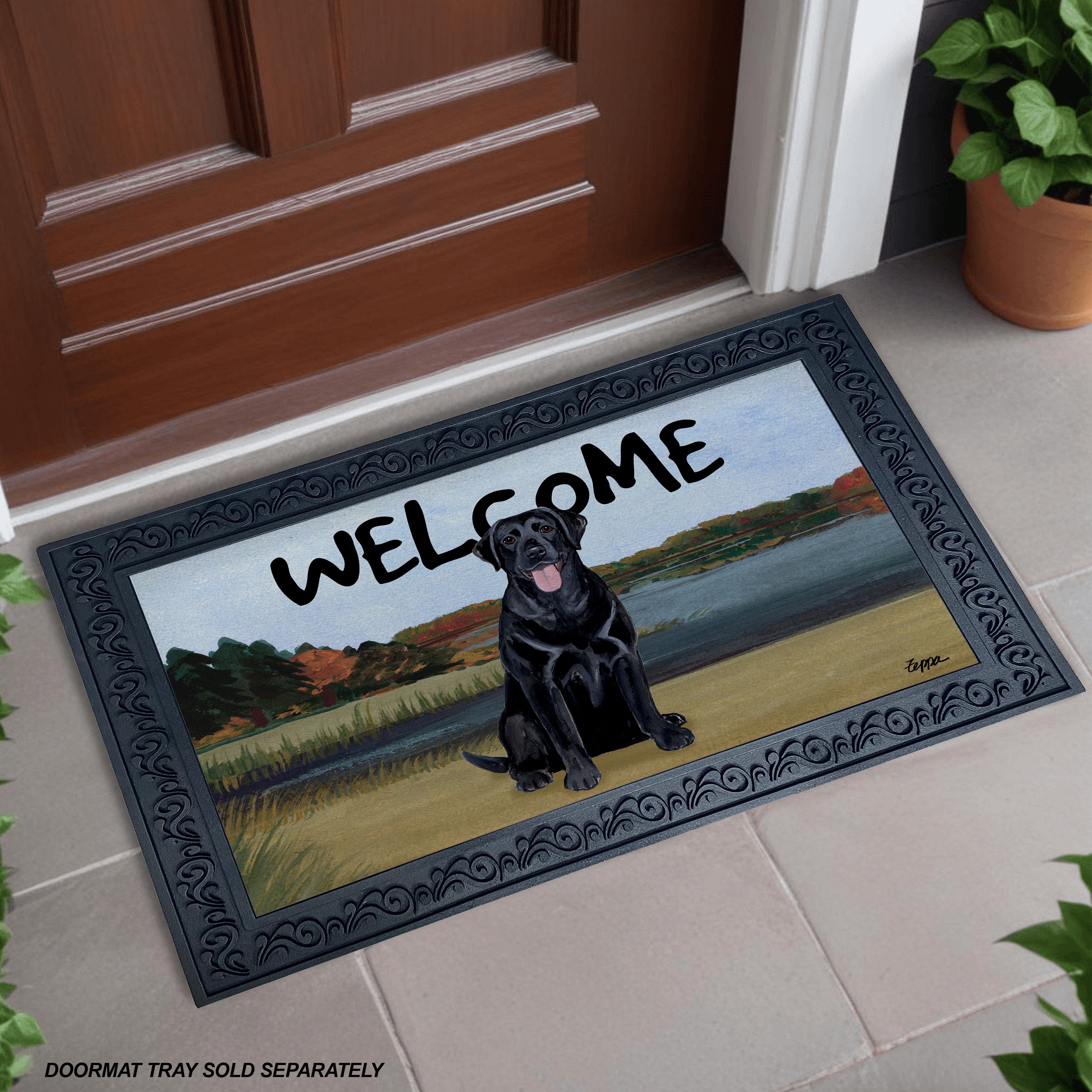 Black Lab Lake Scene Welcome Mat