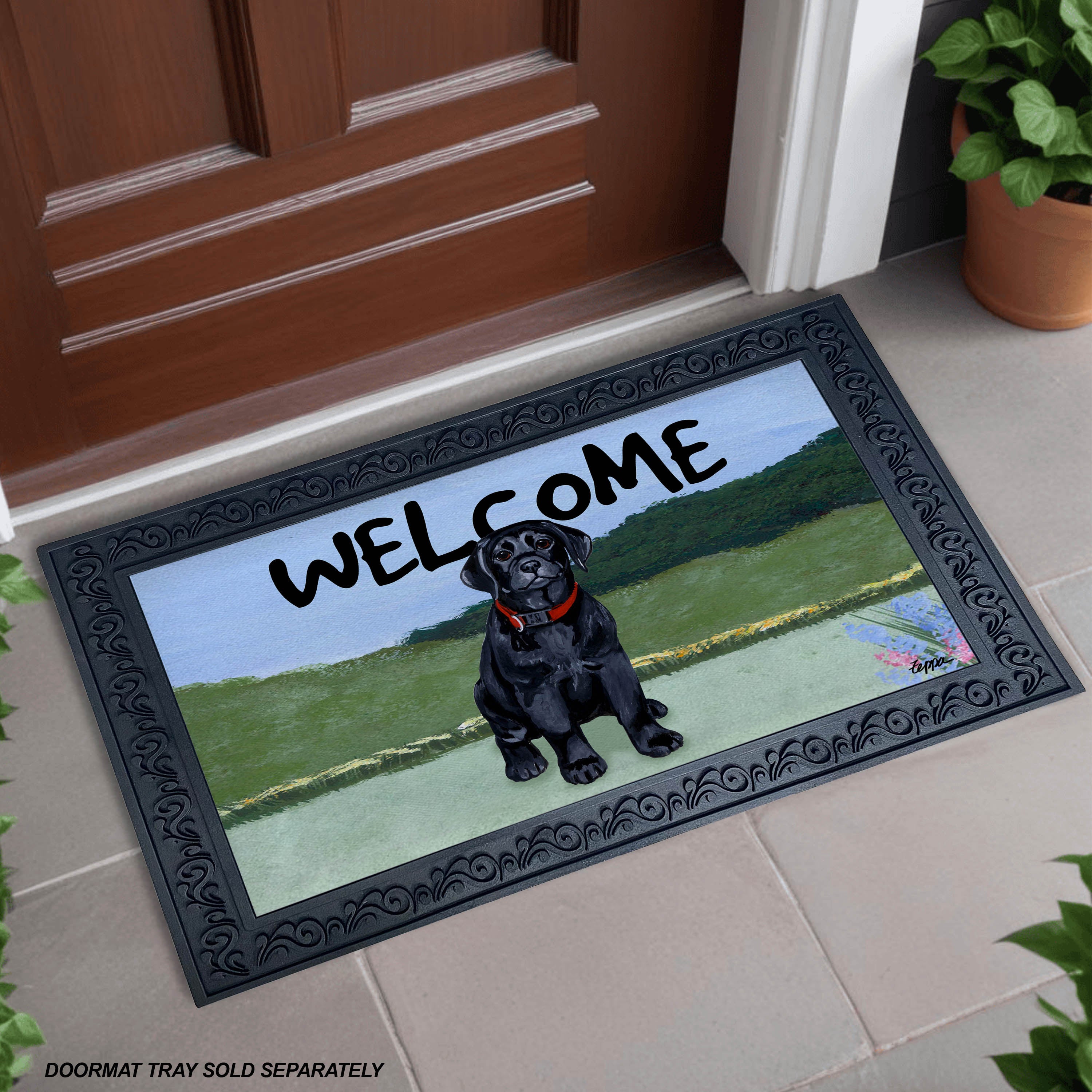 Black Lab Puppy Yard Scene Welcome Mat