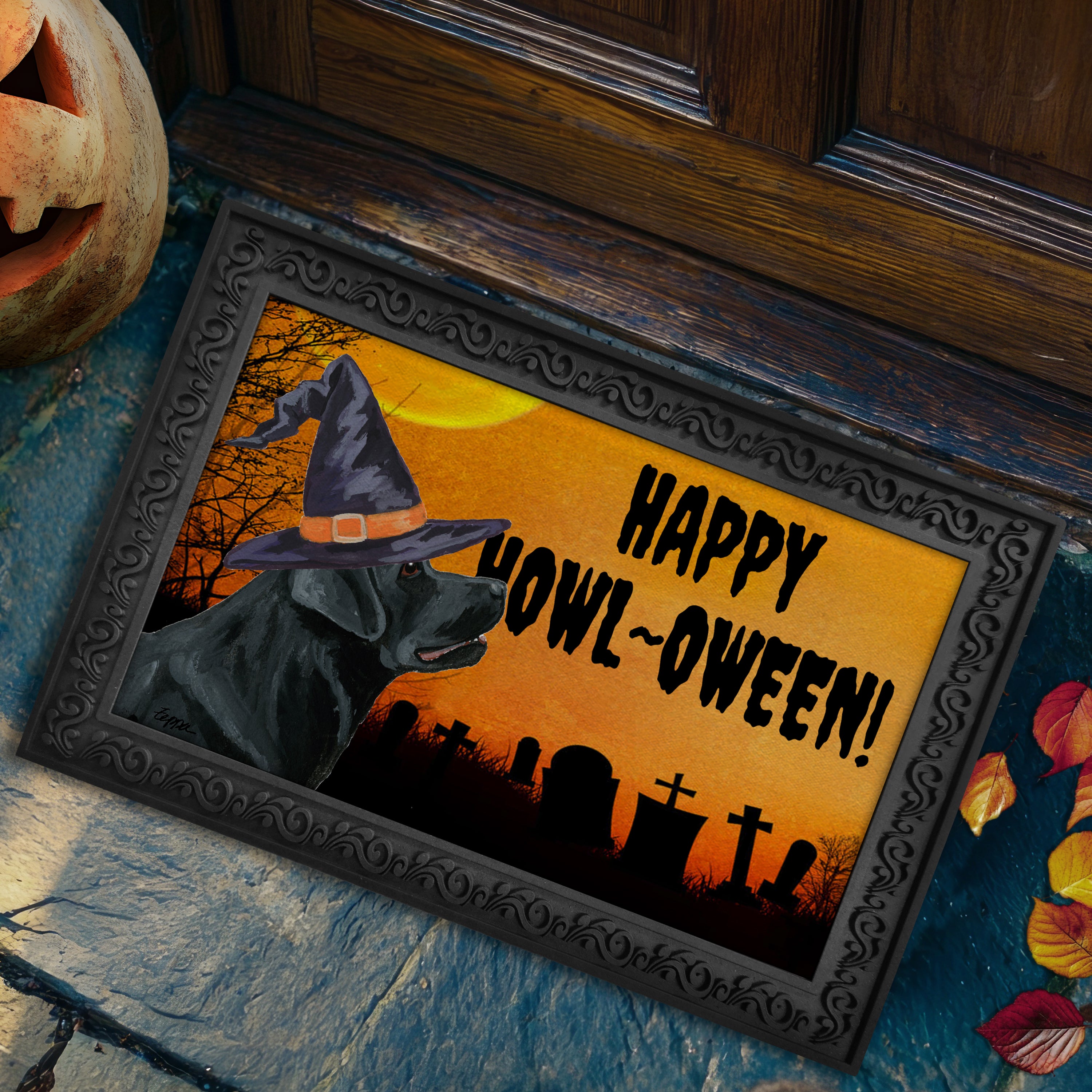 Halloween-themed doormat with a Black Lab wearing a witch hat and 'Happy Howl-Oween!' text, placed on a stone step.