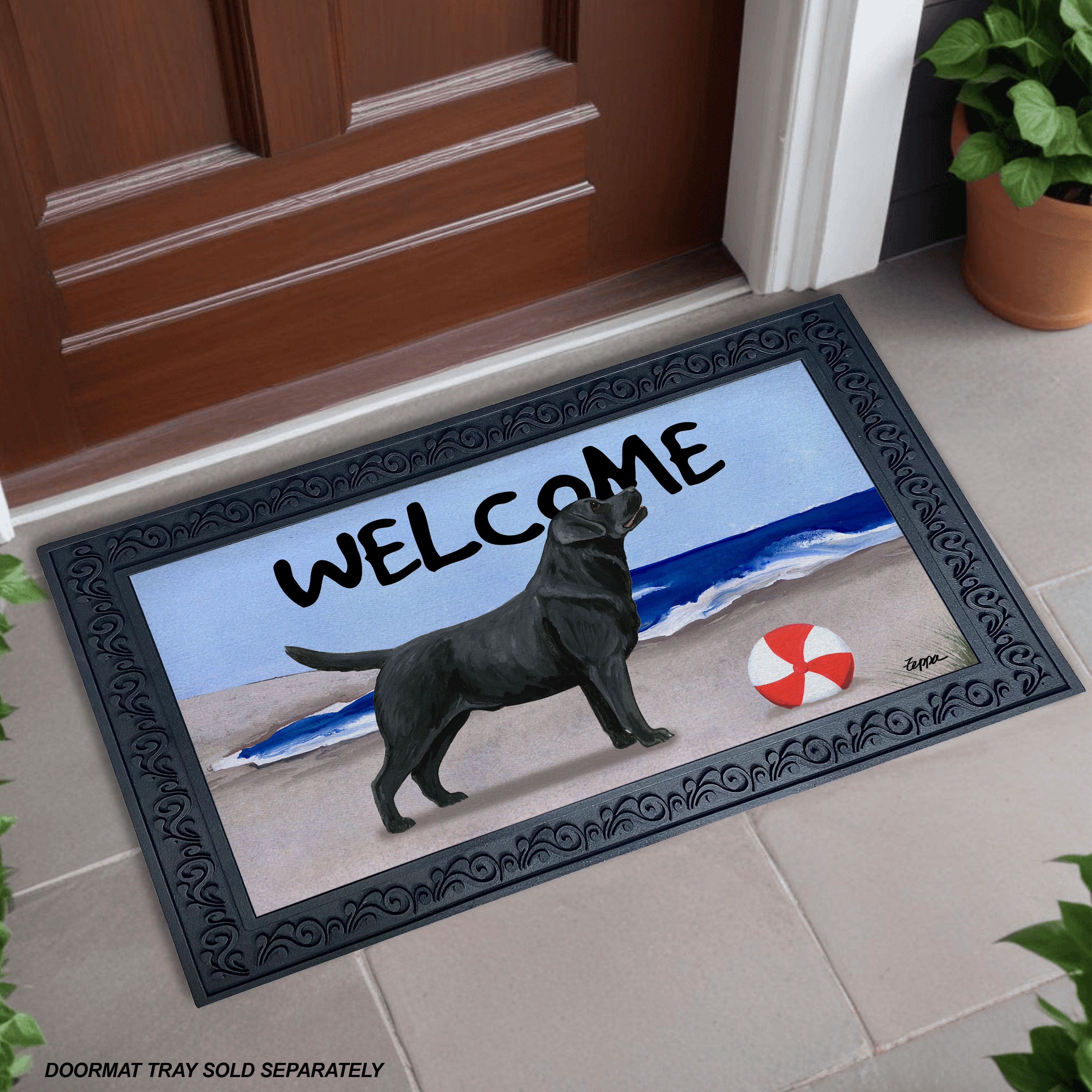 Standing Black Lab Beach Scene Welcome Mat