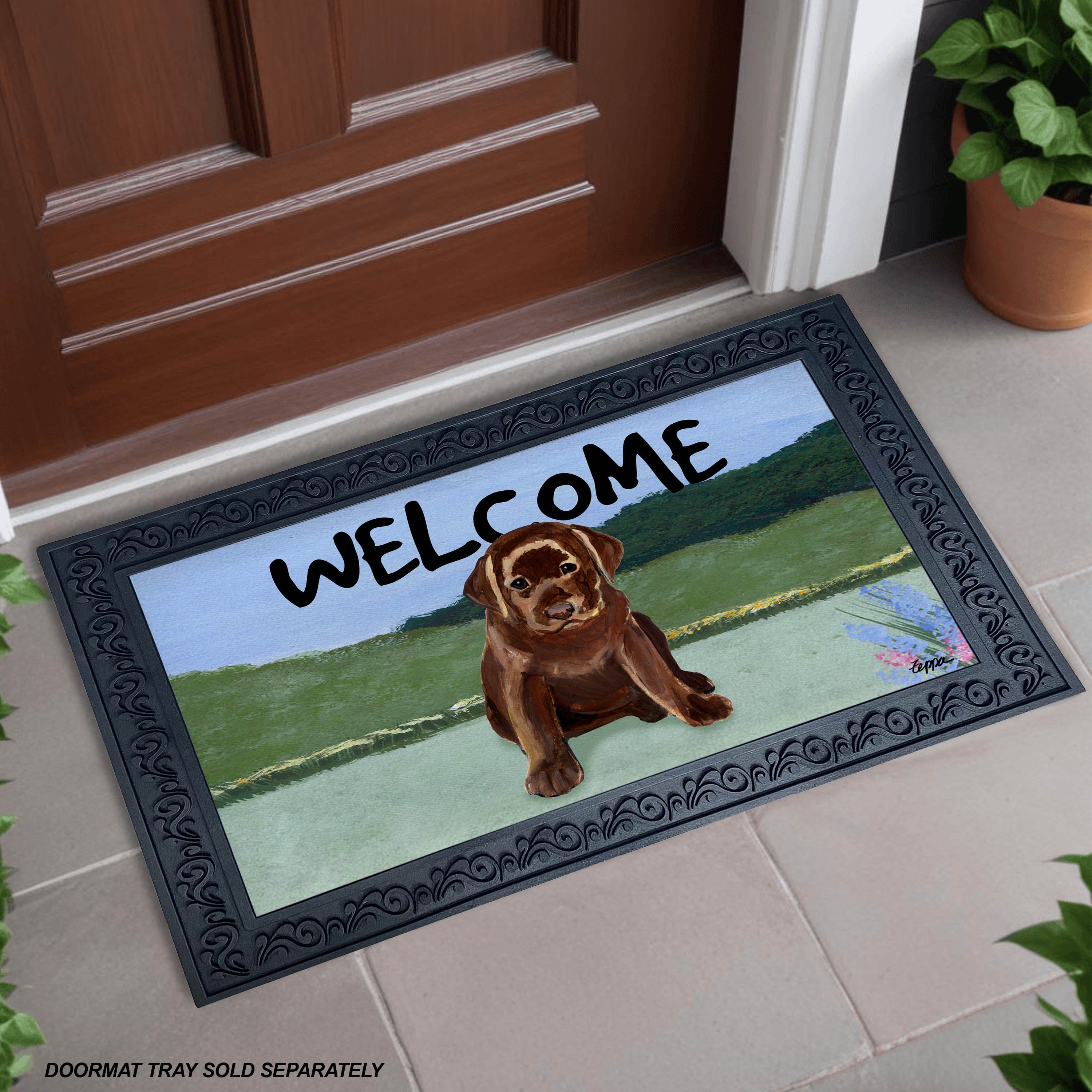 Chocolate Lab Puppy Yard Scene Welcome Mat