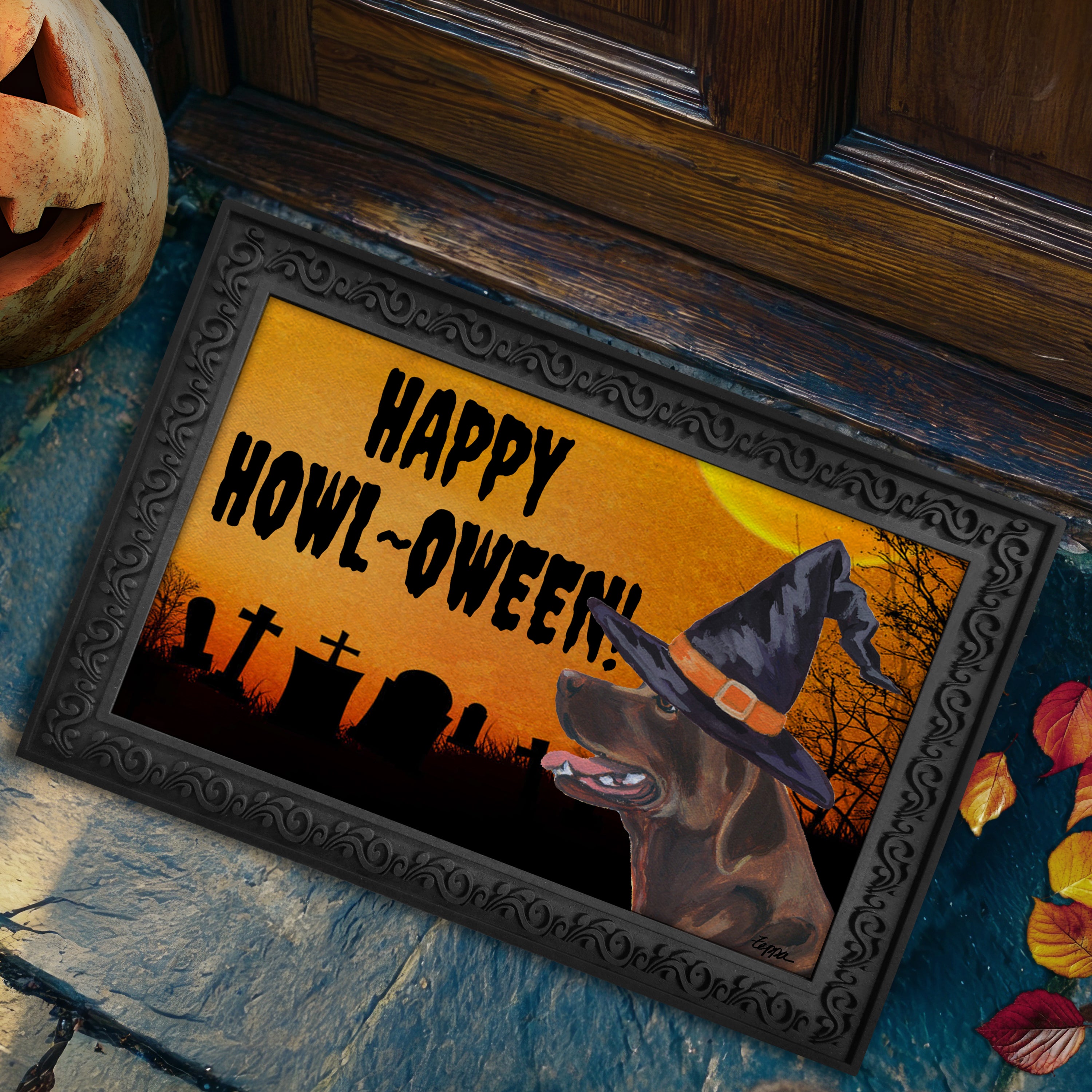 Halloween-themed doormat with a Chocolate Lab wearing a witch hat and 'Happy Howl-Oween!' text, placed on a stone step.