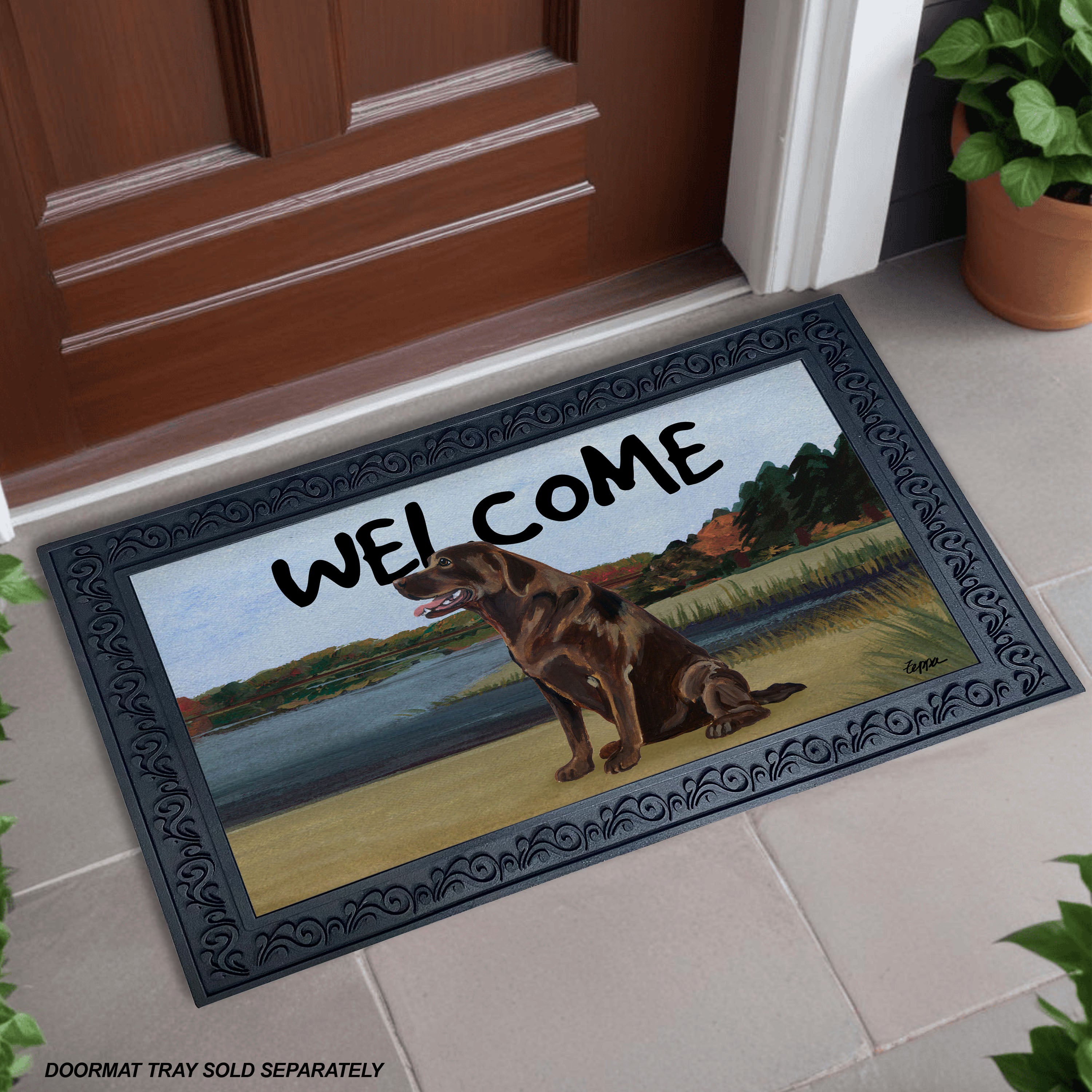 Sitting Chocolate Lab Lake Scene Welcome Mat