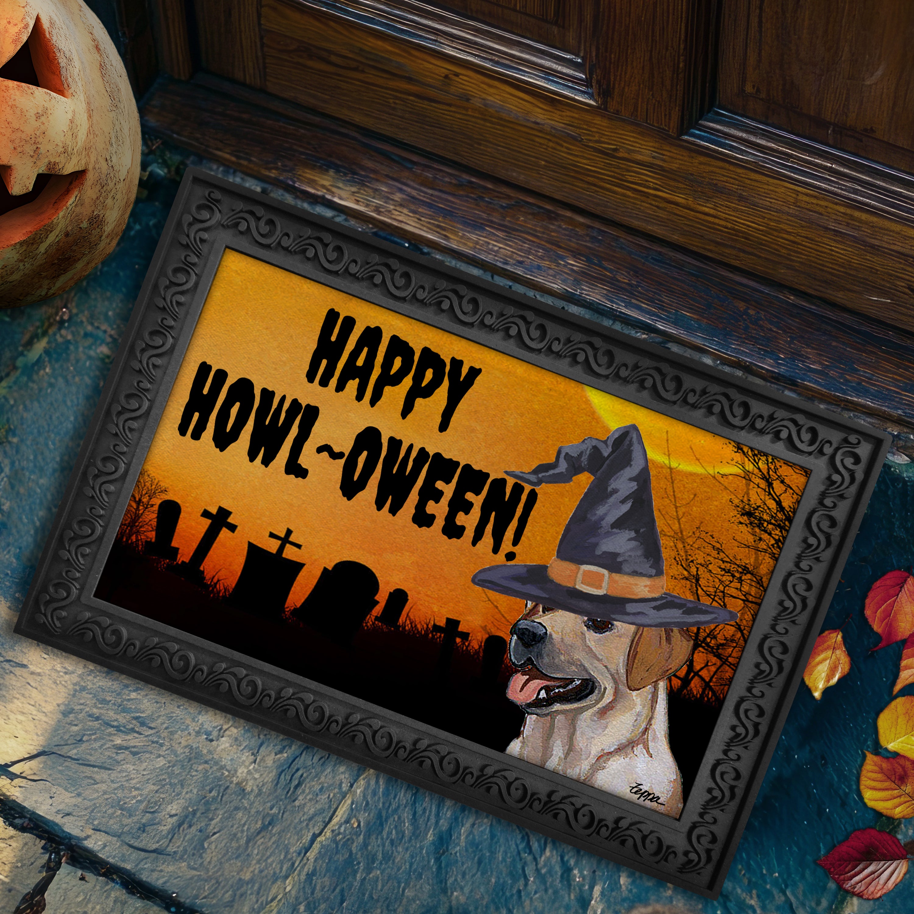 Halloween-themed doormat with a Yellow Lab wearing a witch hat and 'Happy Howl-Oween!' text, placed on a stone step.