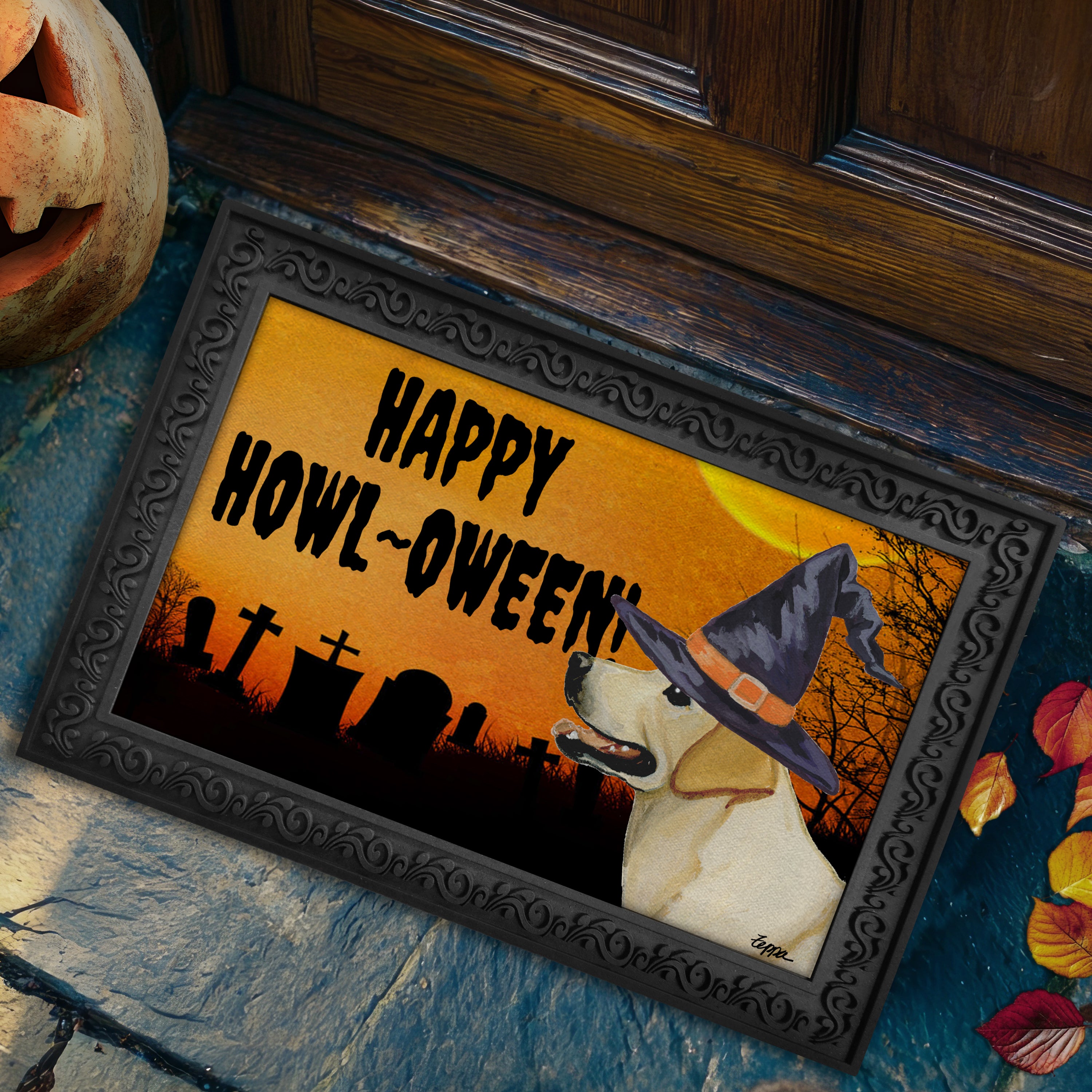 Halloween-themed doormat with a Yellow Lab wearing a witch hat and 'Happy Howl-Oween!' text, placed on a stone step.