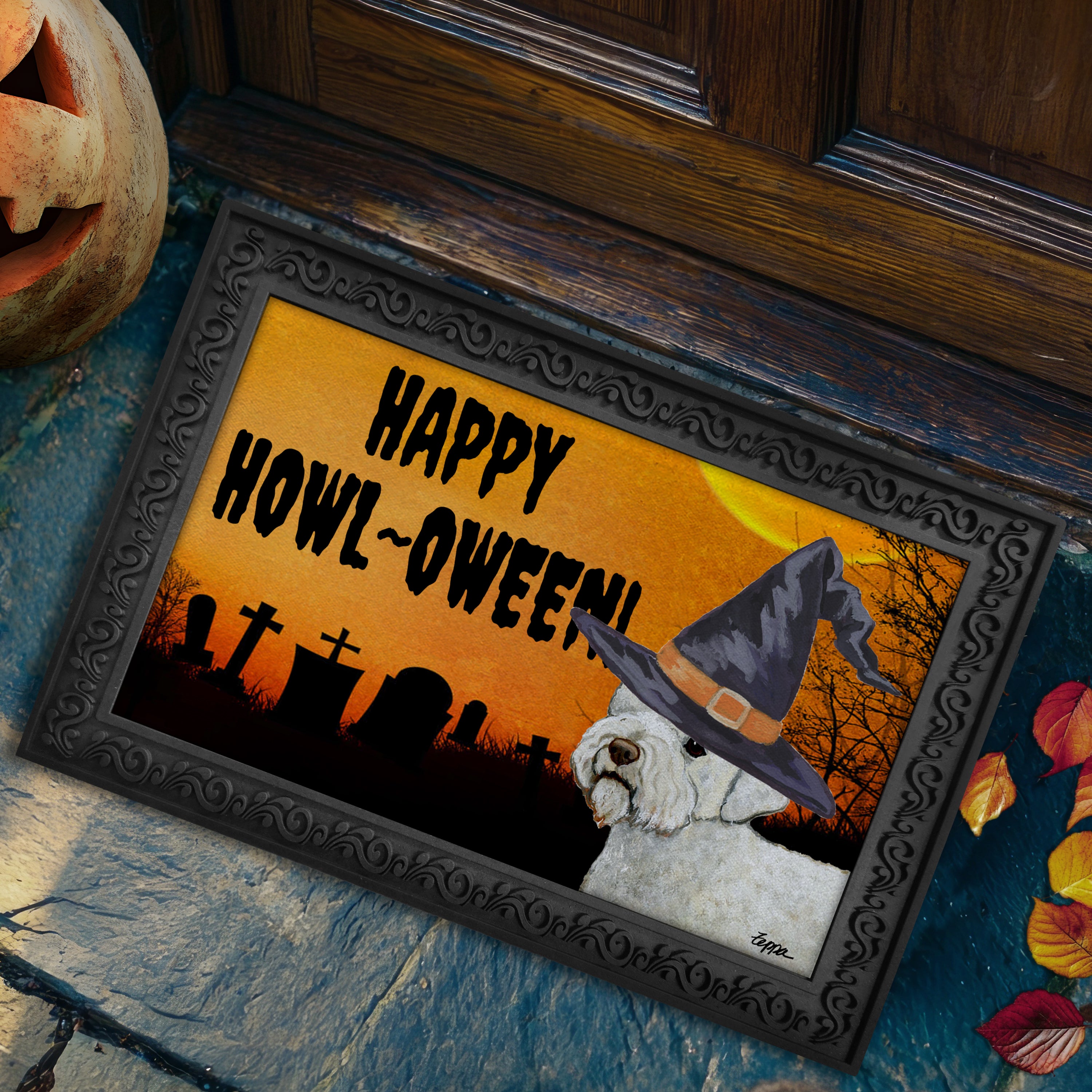Halloween-themed doormat with a Lagatto Romagnolo wearing a witch hat and 'Happy Howl-Oween!' text, placed on a stone step.