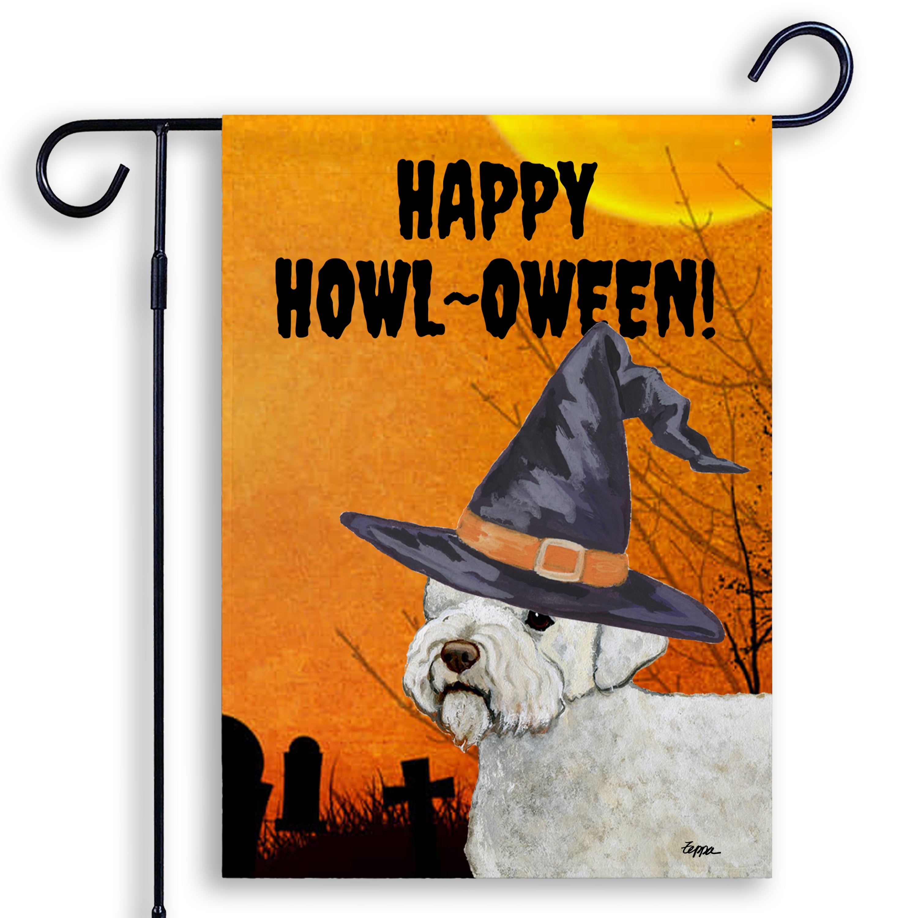 Halloween-themed garden flag with a Lagatto Romagnolo wearing a witch hat and 'Happy Howl-Oween!' text on an orange background.