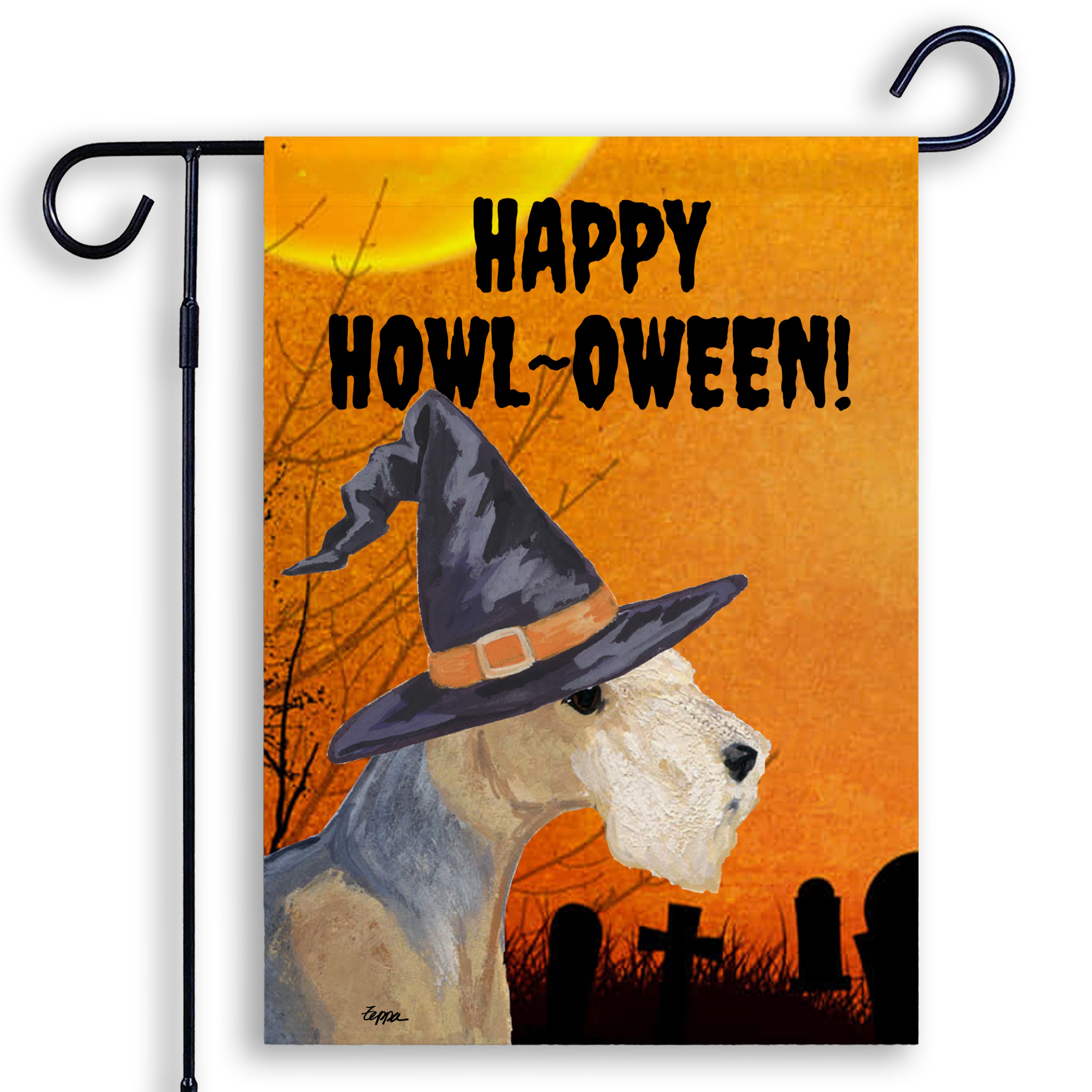 Halloween-themed garden flag with a Lakeland Terrier wearing a witch hat and 'Happy Howl-Oween!' text on an orange background.
