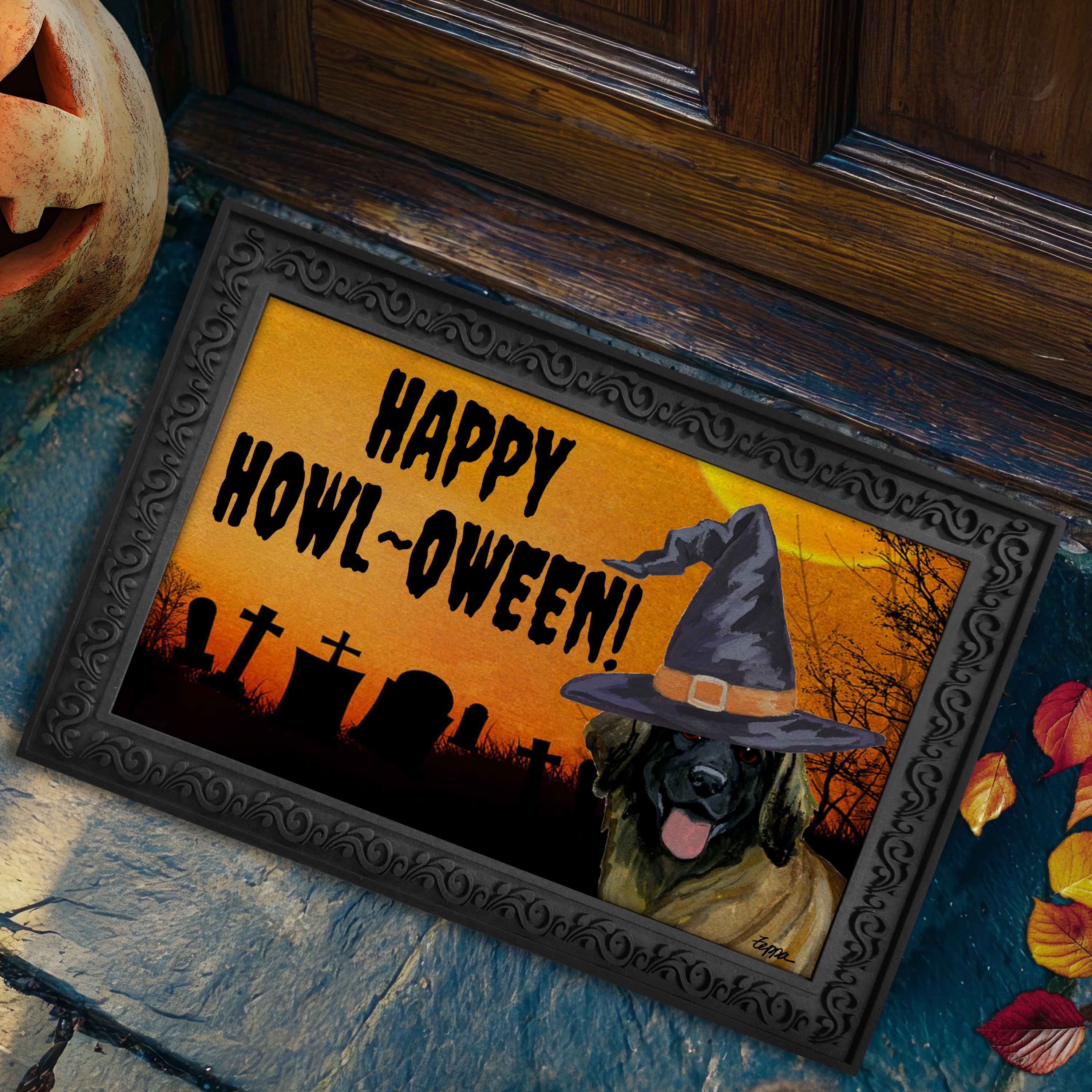 Halloween-themed doormat with a Leonberger wearing a witch hat and 'Happy Howl-Oween!' text, placed on a stone step.