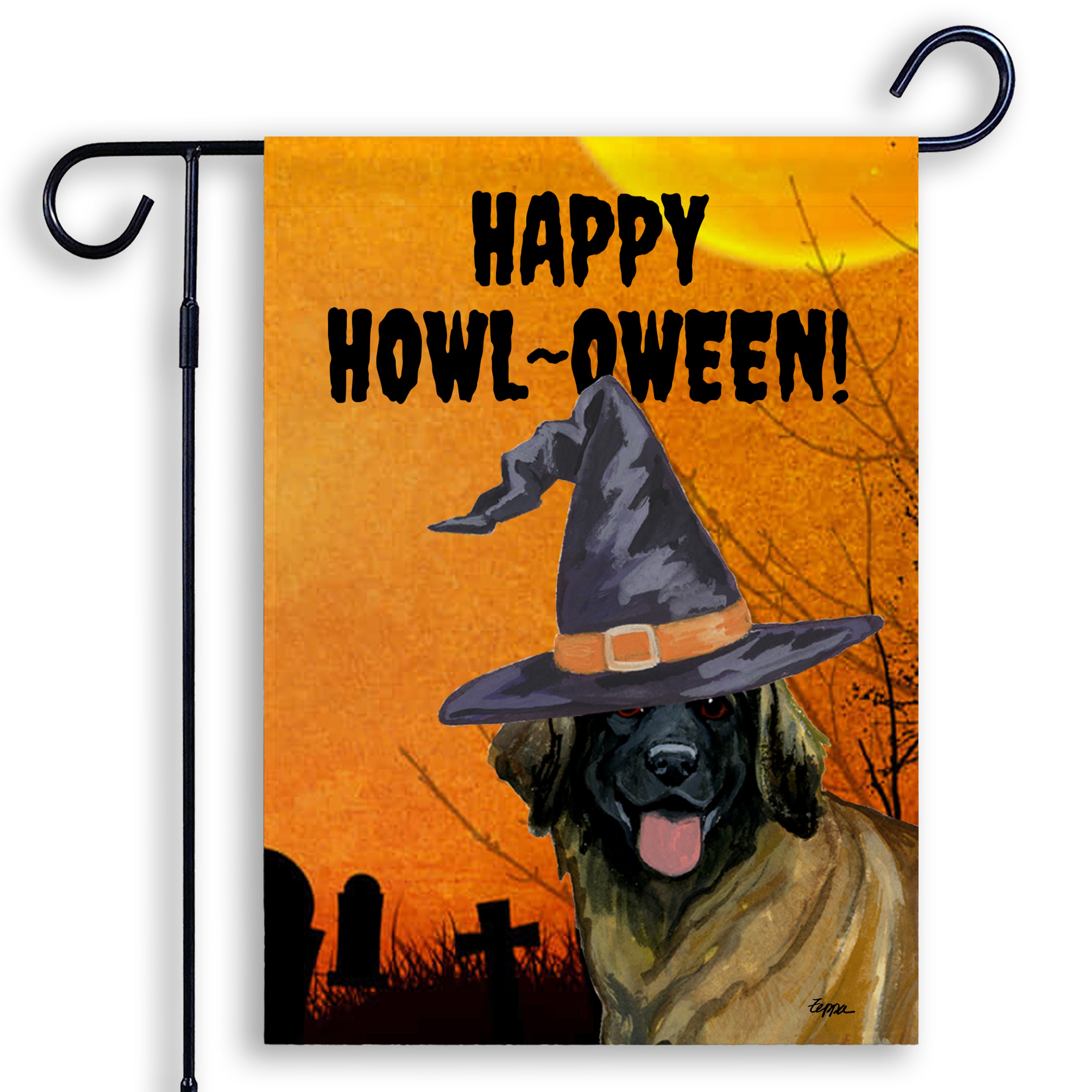 Halloween-themed garden flag with a Leonberger wearing a witch hat and 'Happy Howl-Oween!' text on an orange background.