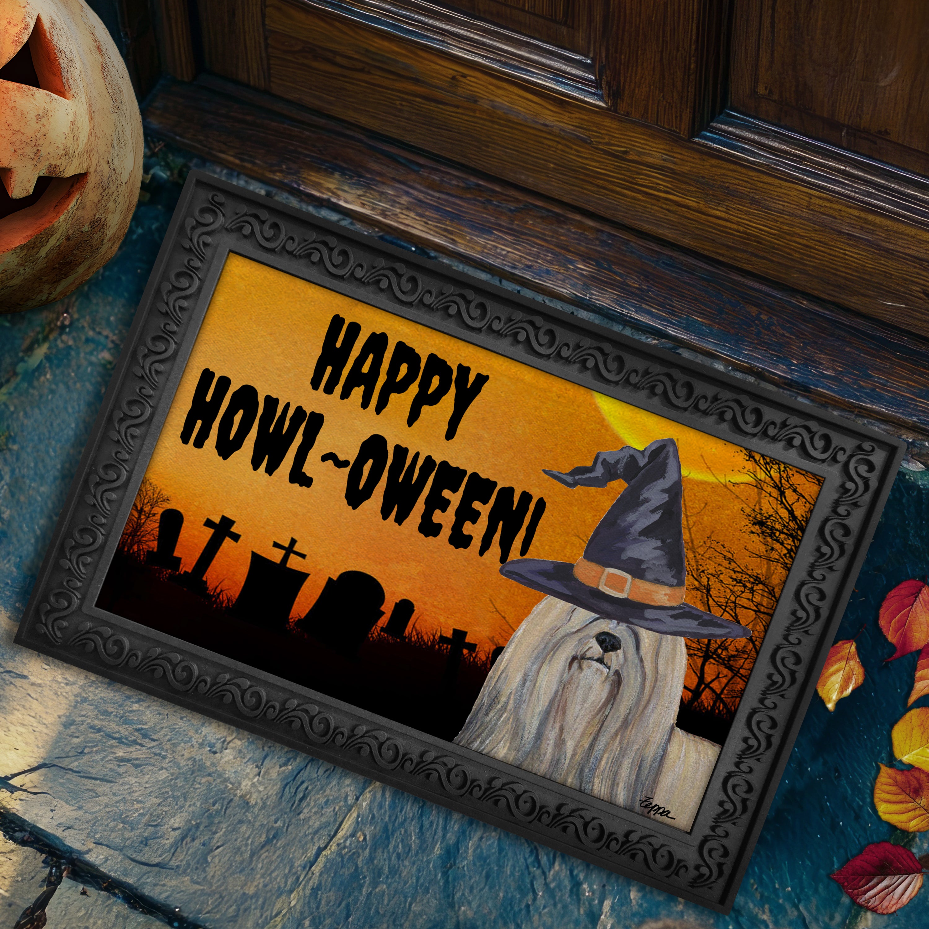 Halloween-themed doormat with a Lhasa Apso wearing a witch hat and 'Happy Howl-Oween!' text, placed on a stone step.