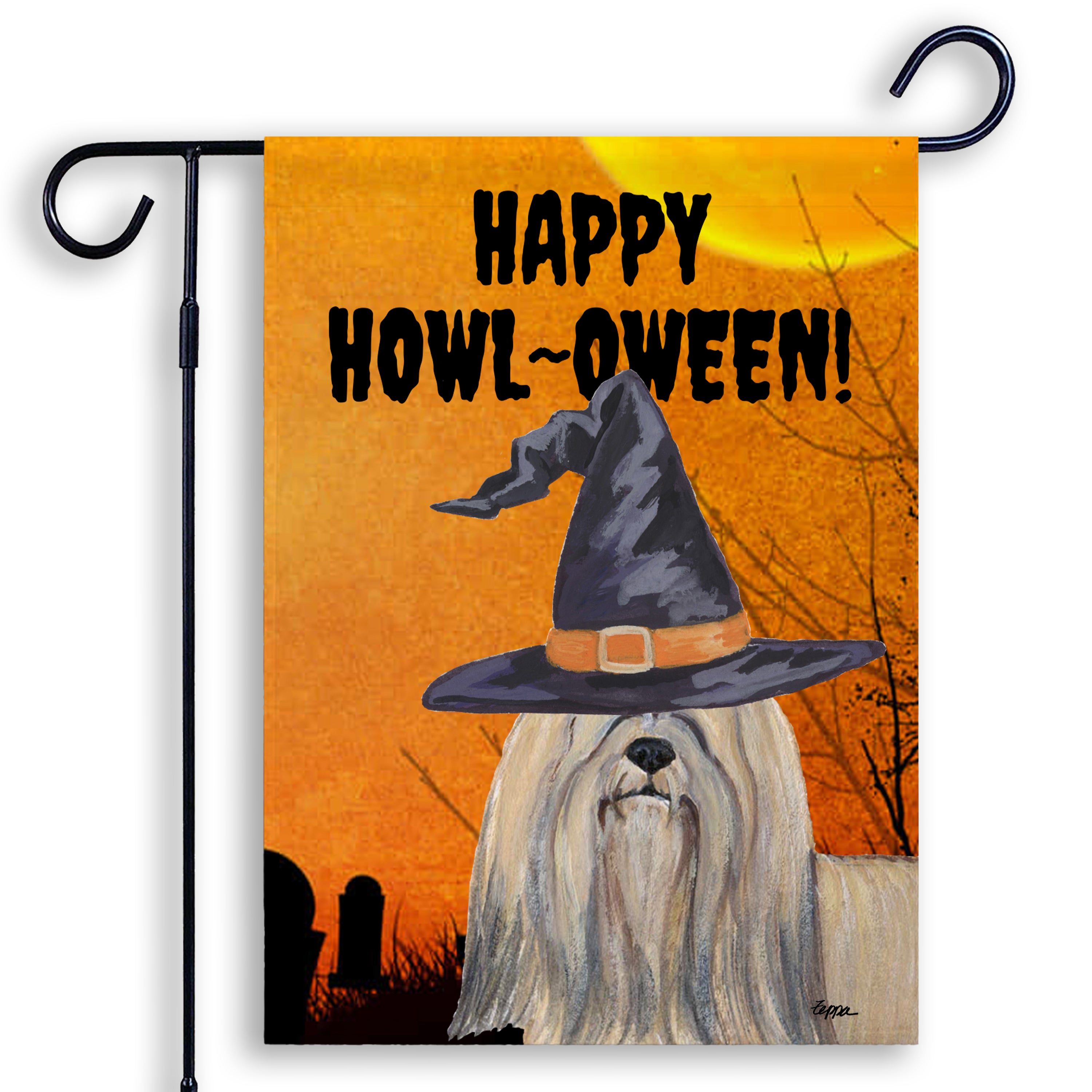 Halloween-themed garden flag with a Lhasa Apso wearing a witch hat and 'Happy Howl-Oween!' text on an orange background.